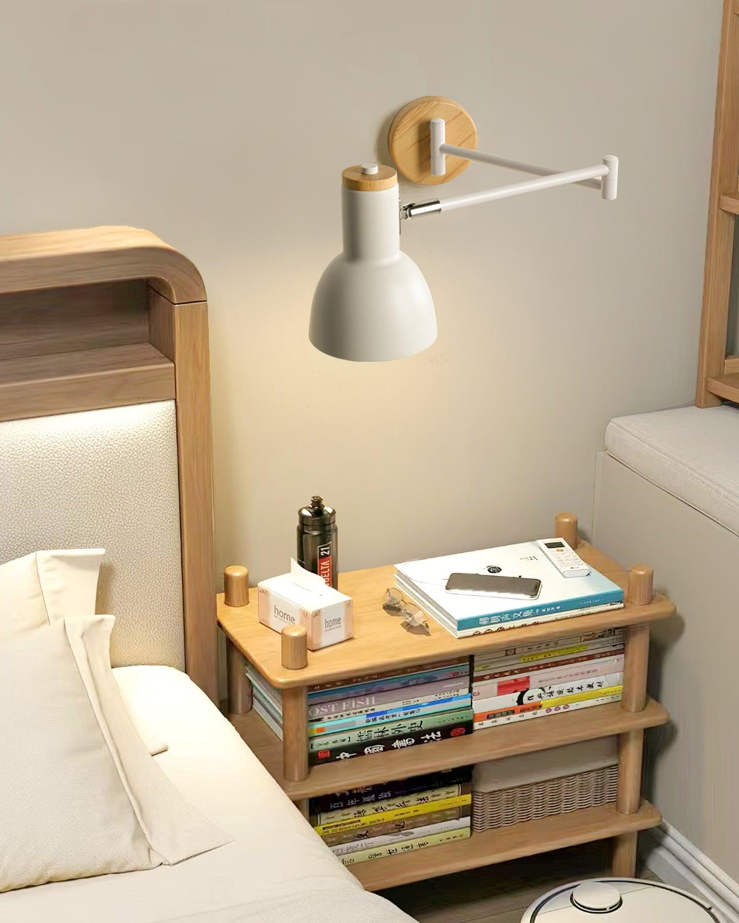 Wall Lamp Adjustable Arm Cone Shade Wood Base Modern Study