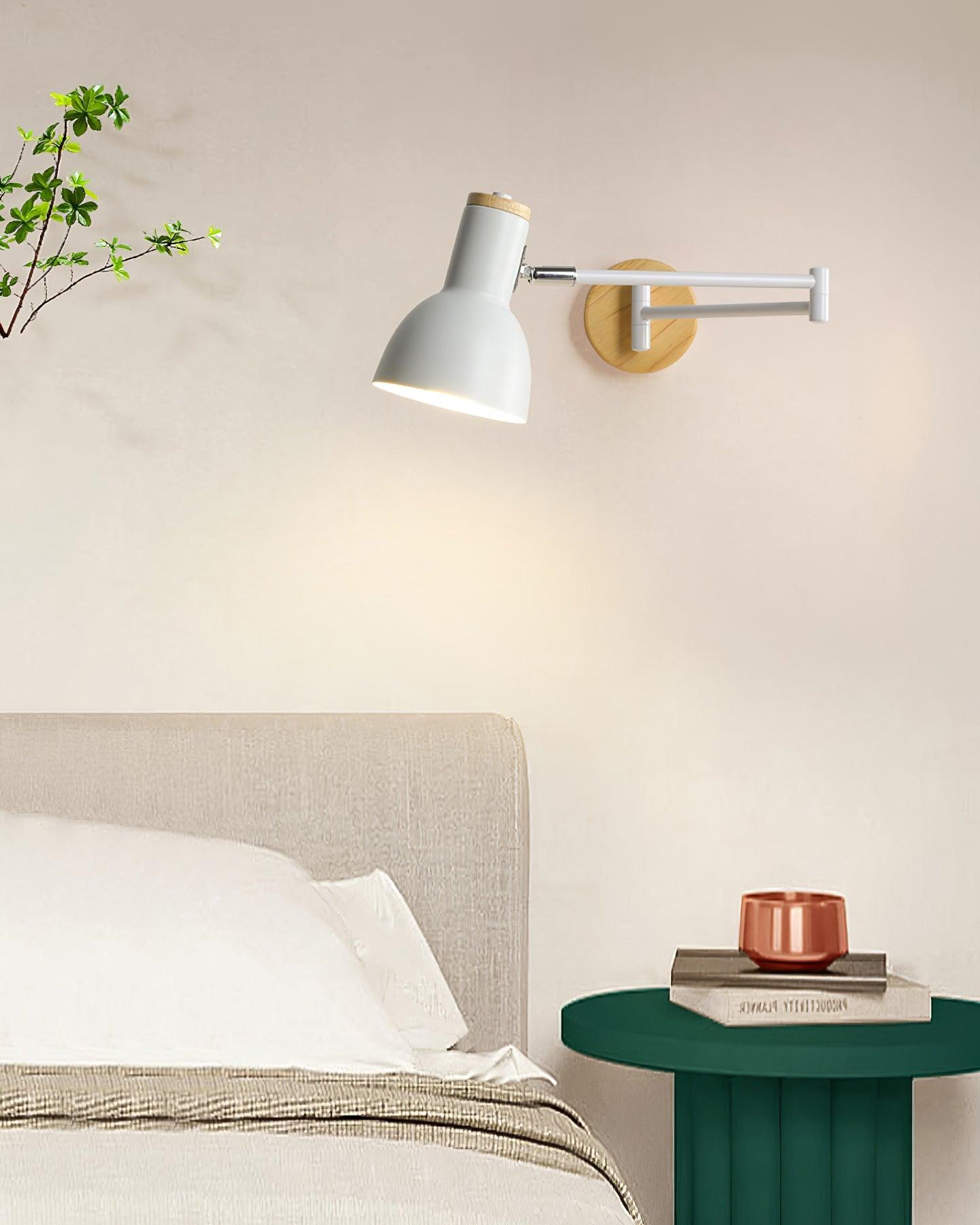 Wall Lamp Adjustable Arm Cone Shade Wood Base Modern Study