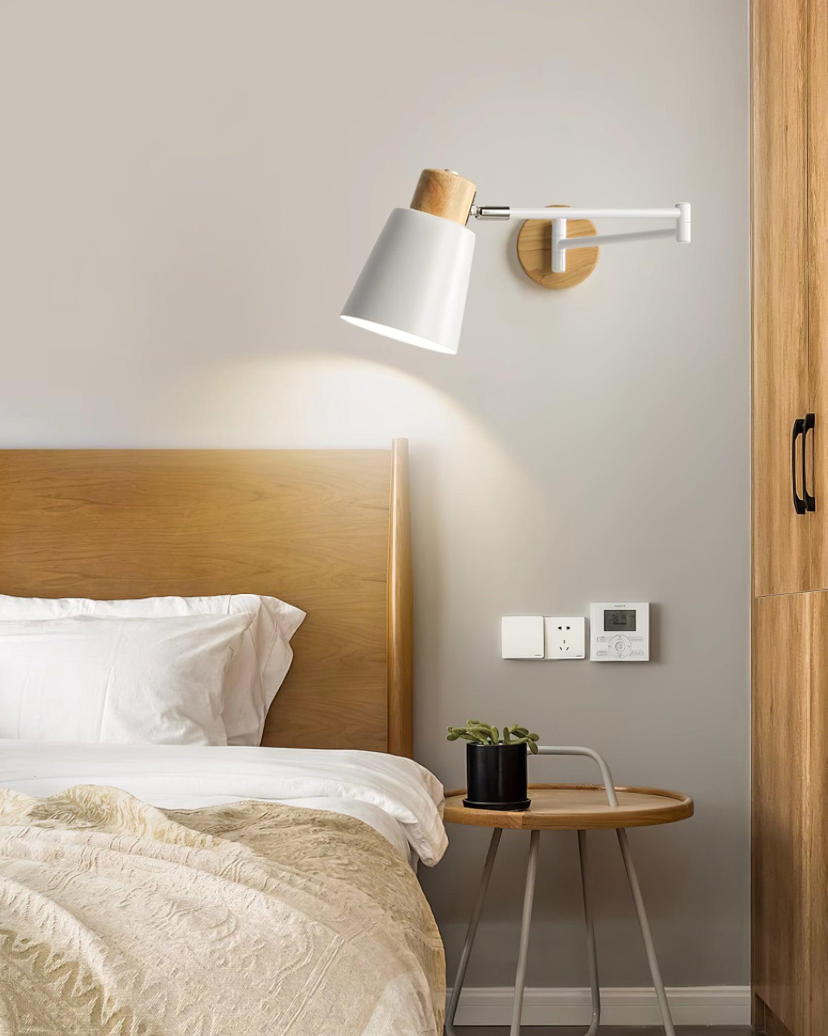 Wall Lamp Adjustable Arm Cone Shade Wood Base Modern Study