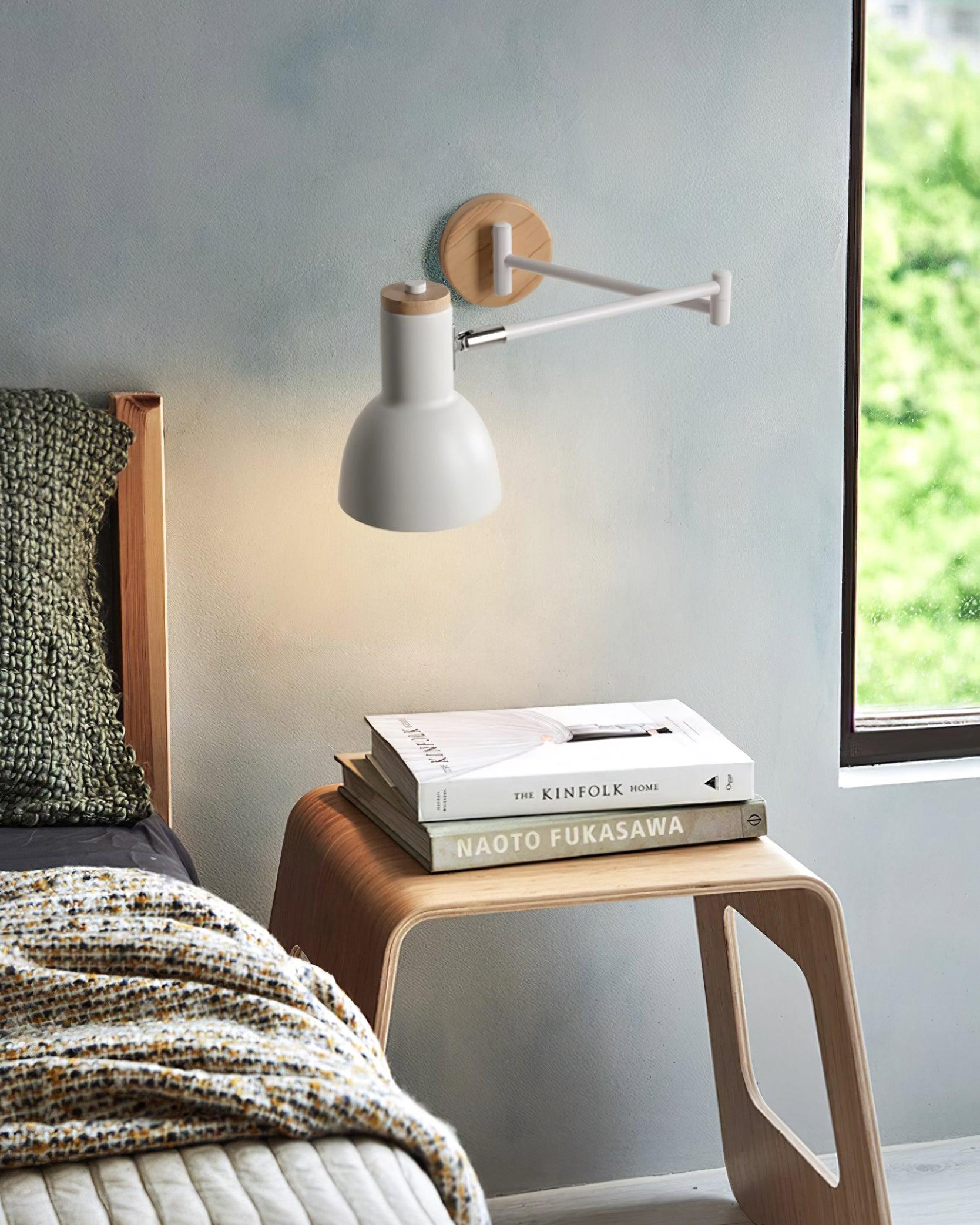Wall Lamp Adjustable Arm Cone Shade Wood Base Modern Study