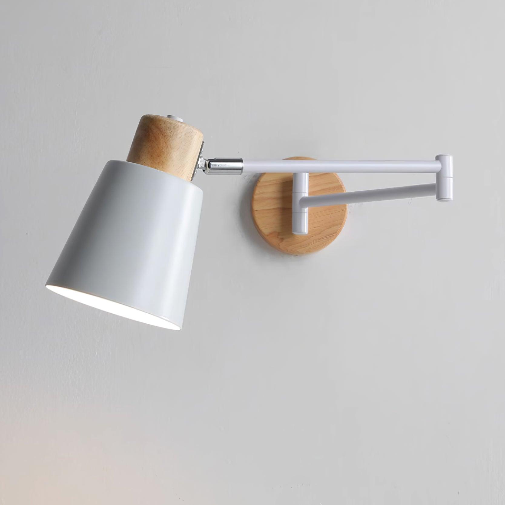 Wall Lamp Adjustable Arm Cone Shade Wood Base Modern Study