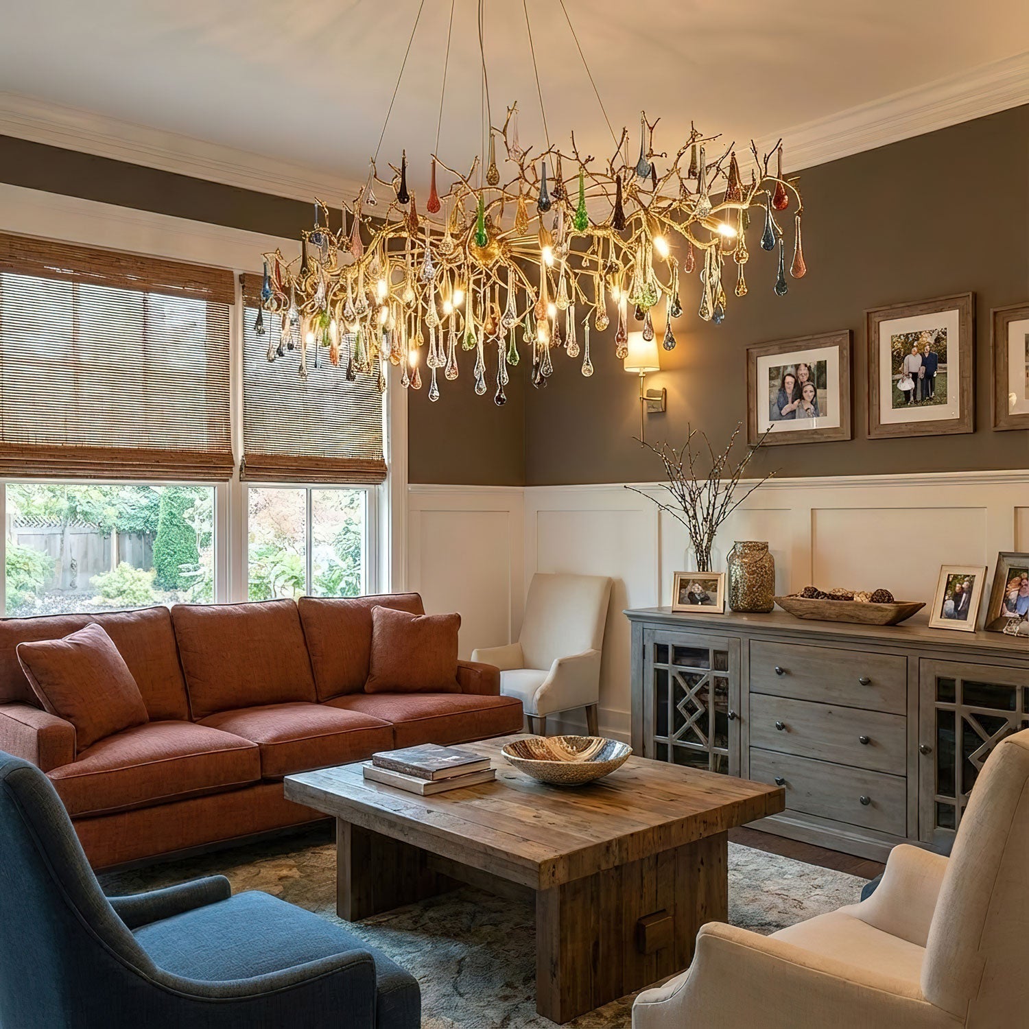 Colorful Raindrop Brass Branch Chandelier-Neutral Decor