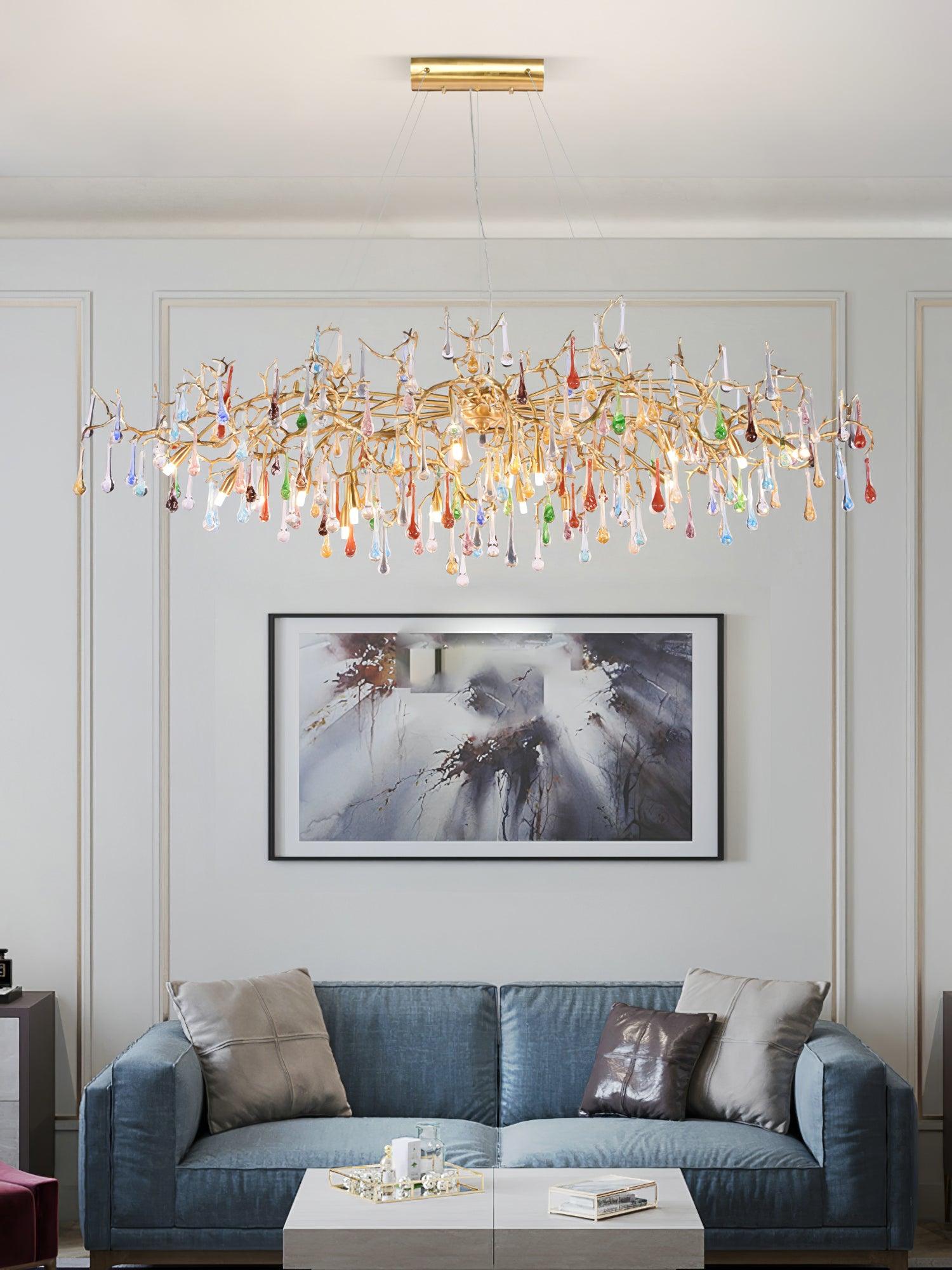 Sytheir Colorful Raindrop Branch Brass Crystal Chandelier-Neutral Decor