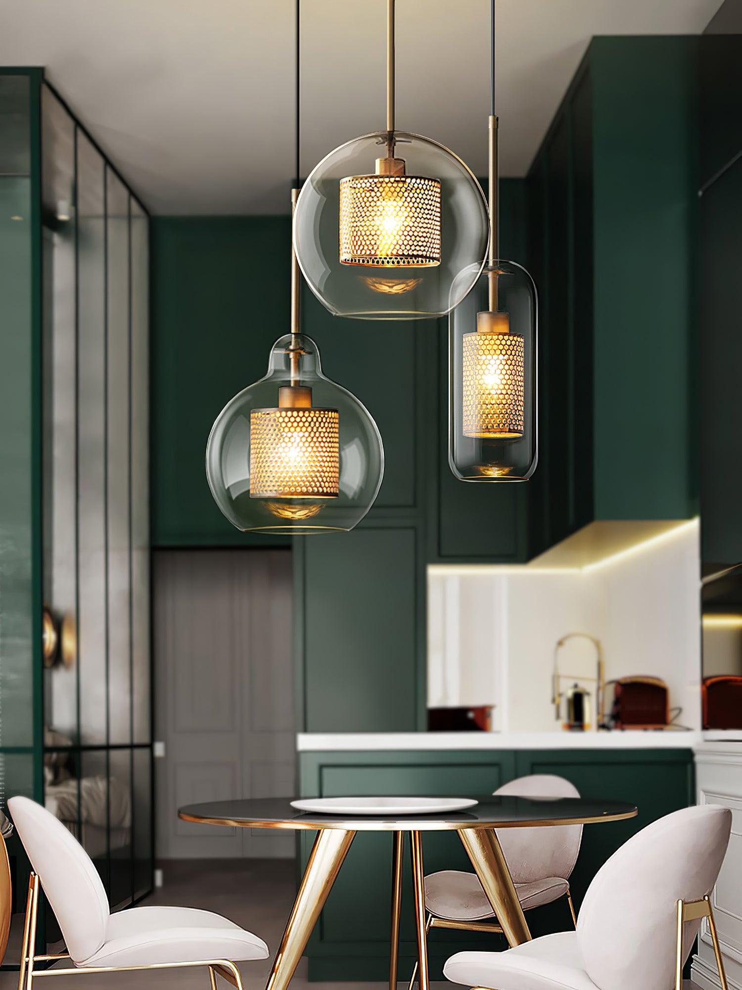 Lustra Pendant Lamp Glass Gold Mesh for Dining Room-Neutral Decor