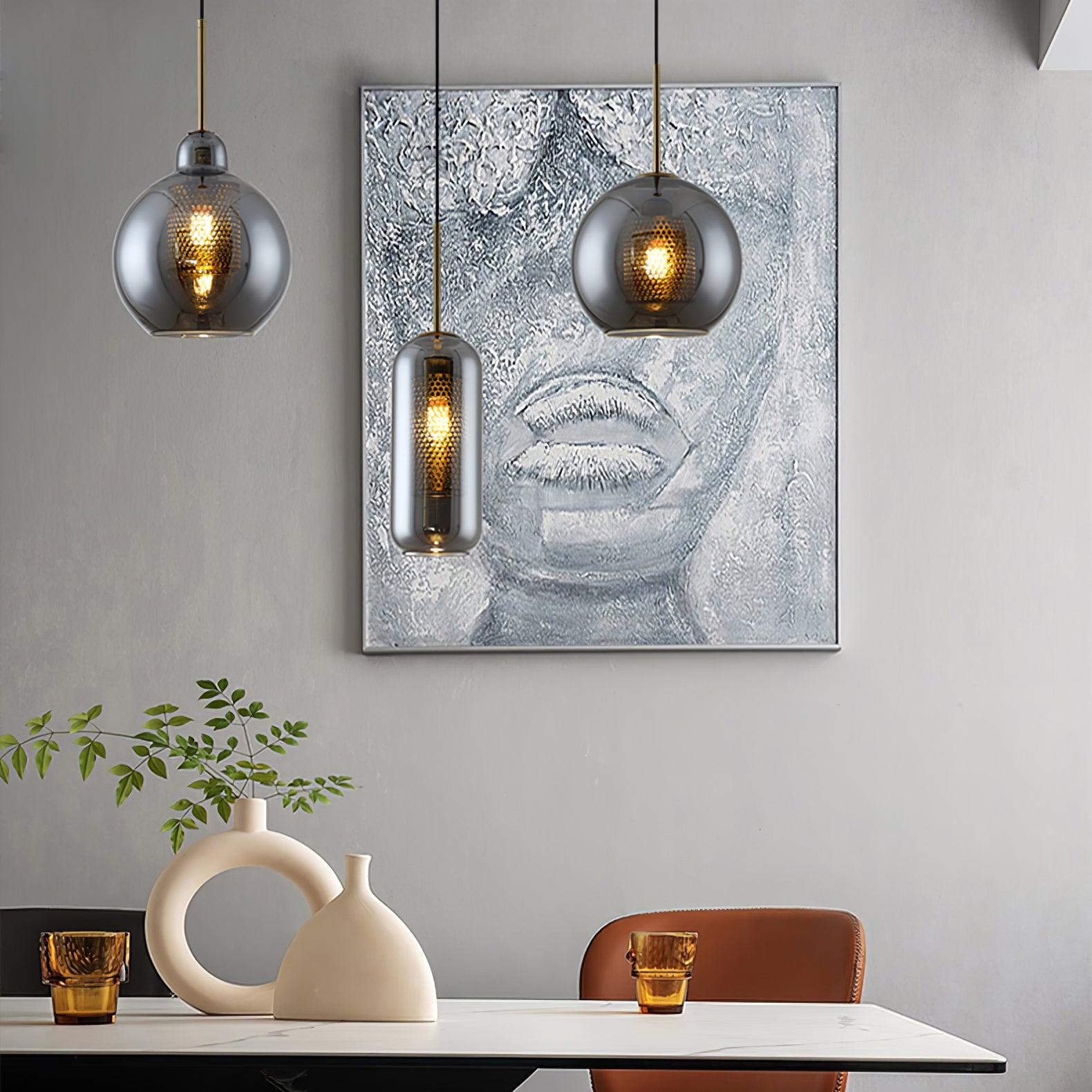 Lustra Pendant Lamp Glass Gold Mesh for Dining Room-Neutral Decor