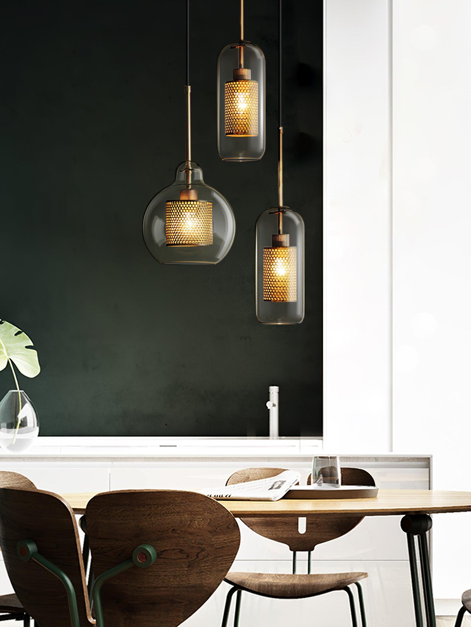 Lustra Pendant Lamp Glass Gold Mesh for Dining Room-Neutral Decor