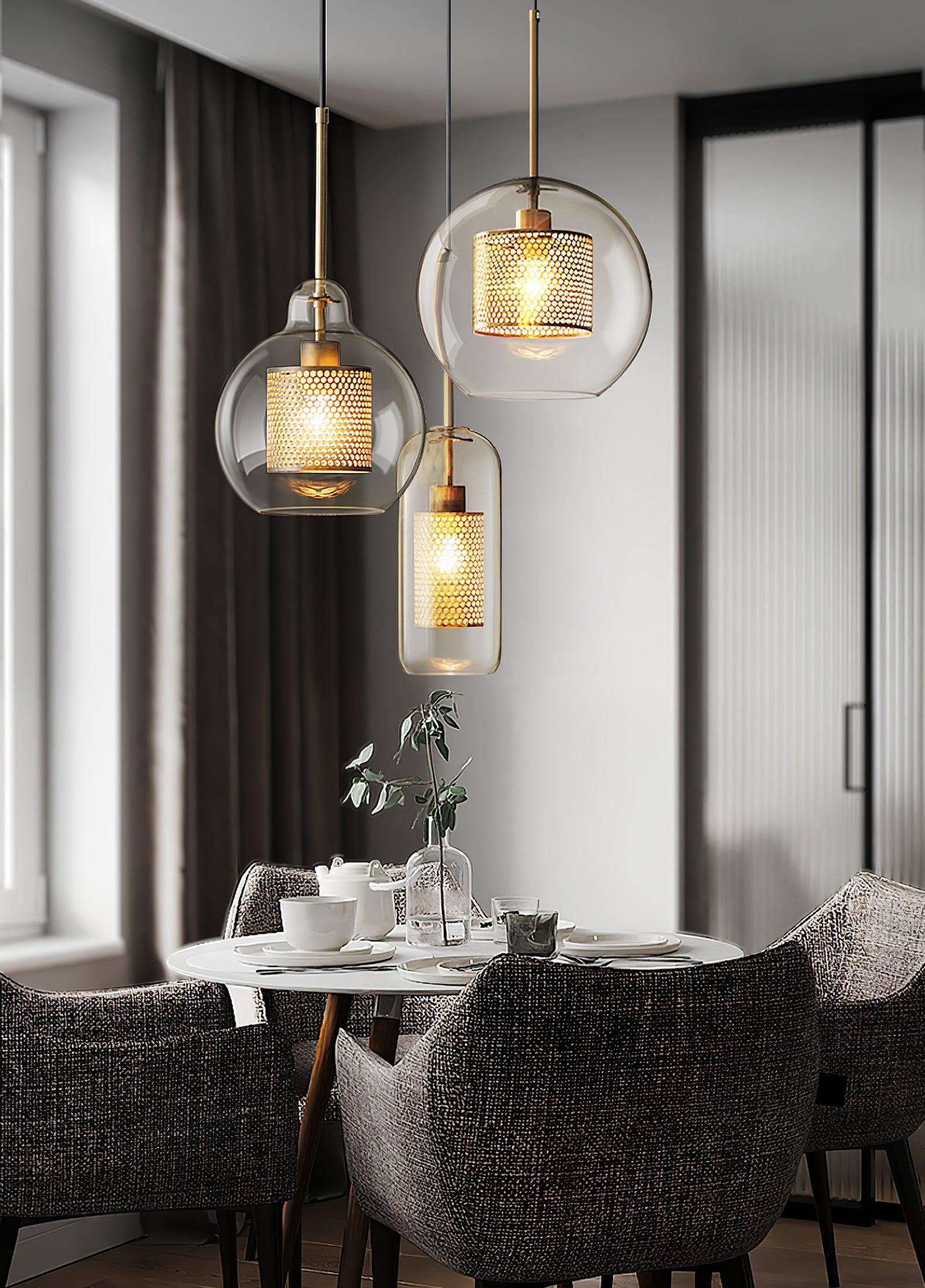 Lustra Pendant Lamp Glass Gold Mesh for Dining Room-Neutral Decor