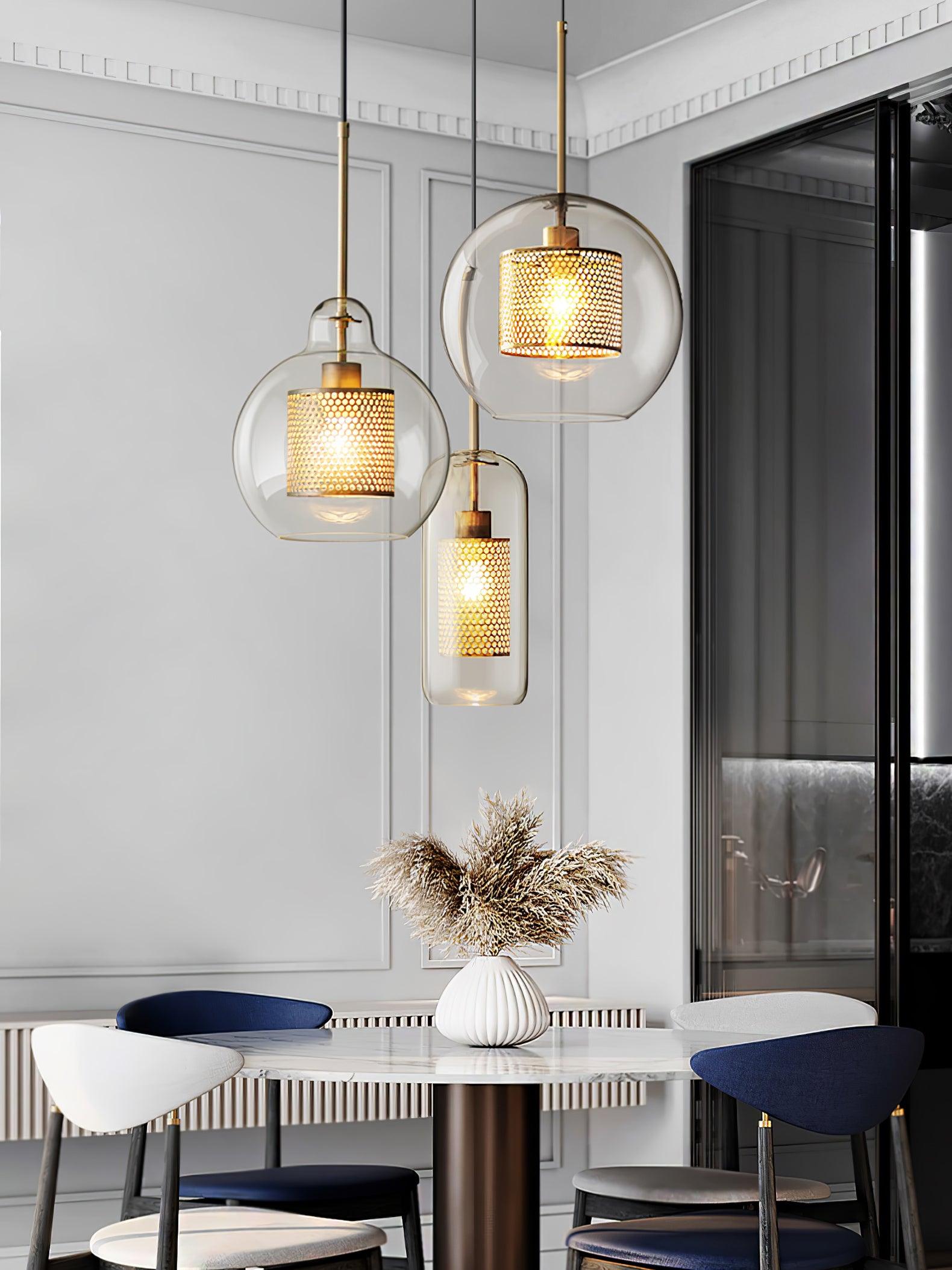 Lustra Pendant Lamp Glass Gold Mesh for Dining Room-Neutral Decor