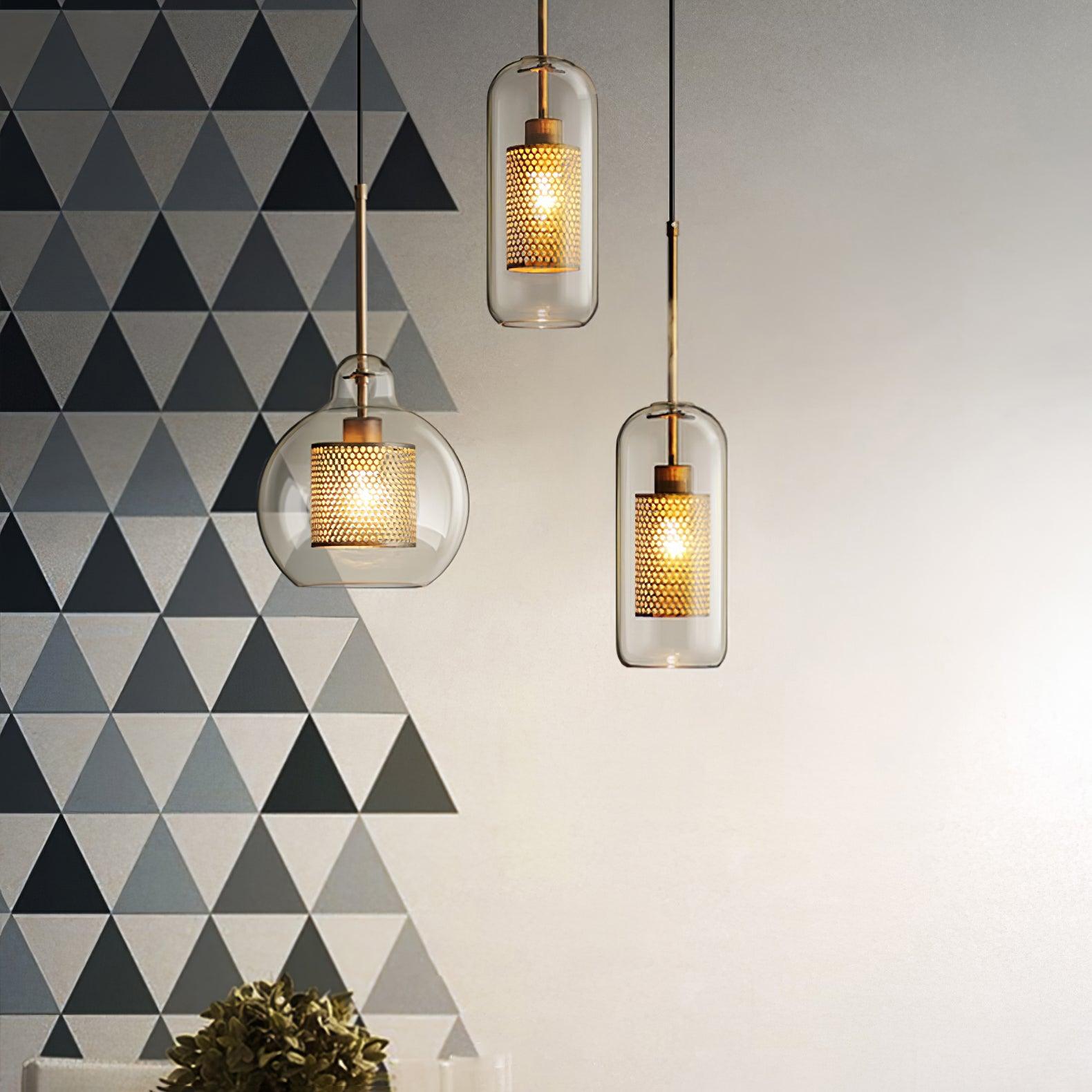 Lustra Pendant Lamp Glass Gold Mesh for Dining Room-Neutral Decor