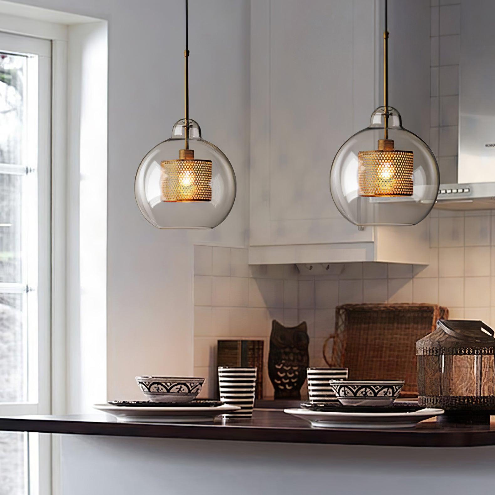 Lustra Pendant Lamp Glass Gold Mesh for Dining Room-Neutral Decor