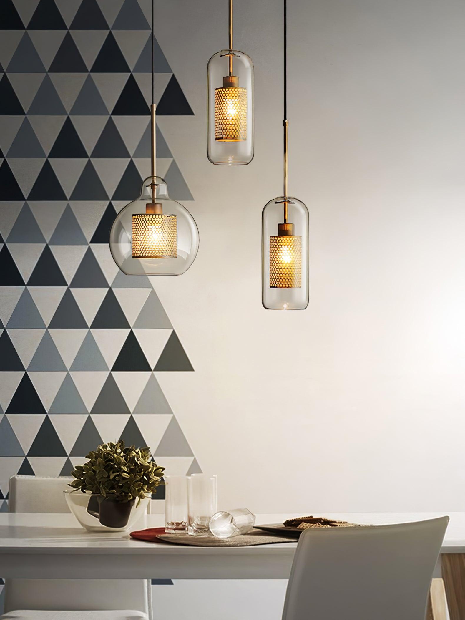 Lustra Pendant Lamp Glass Gold Mesh for Dining Room-Neutral Decor