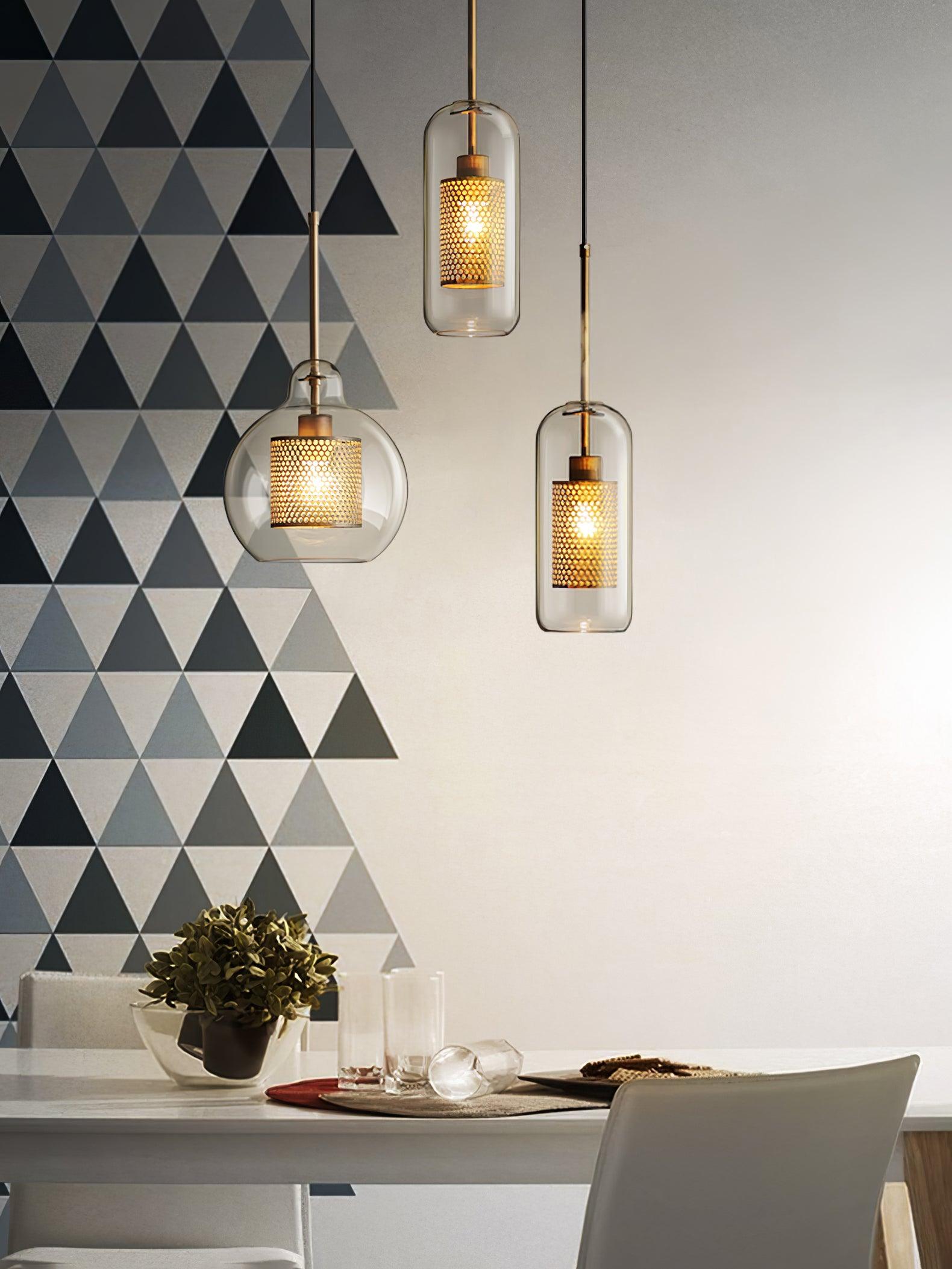 Lustra Pendant Lamp Glass Gold Mesh for Dining Room-Neutral Decor