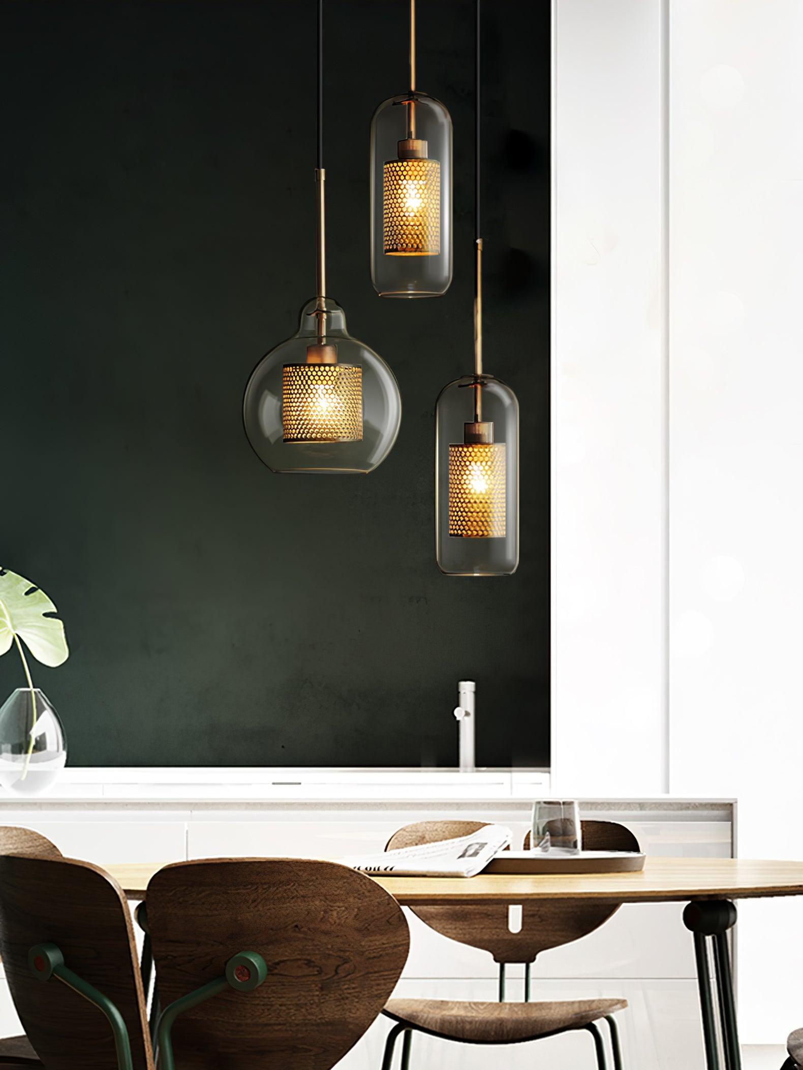 Lustra Pendant Lamp Glass Gold Mesh for Dining Room-Neutral Decor