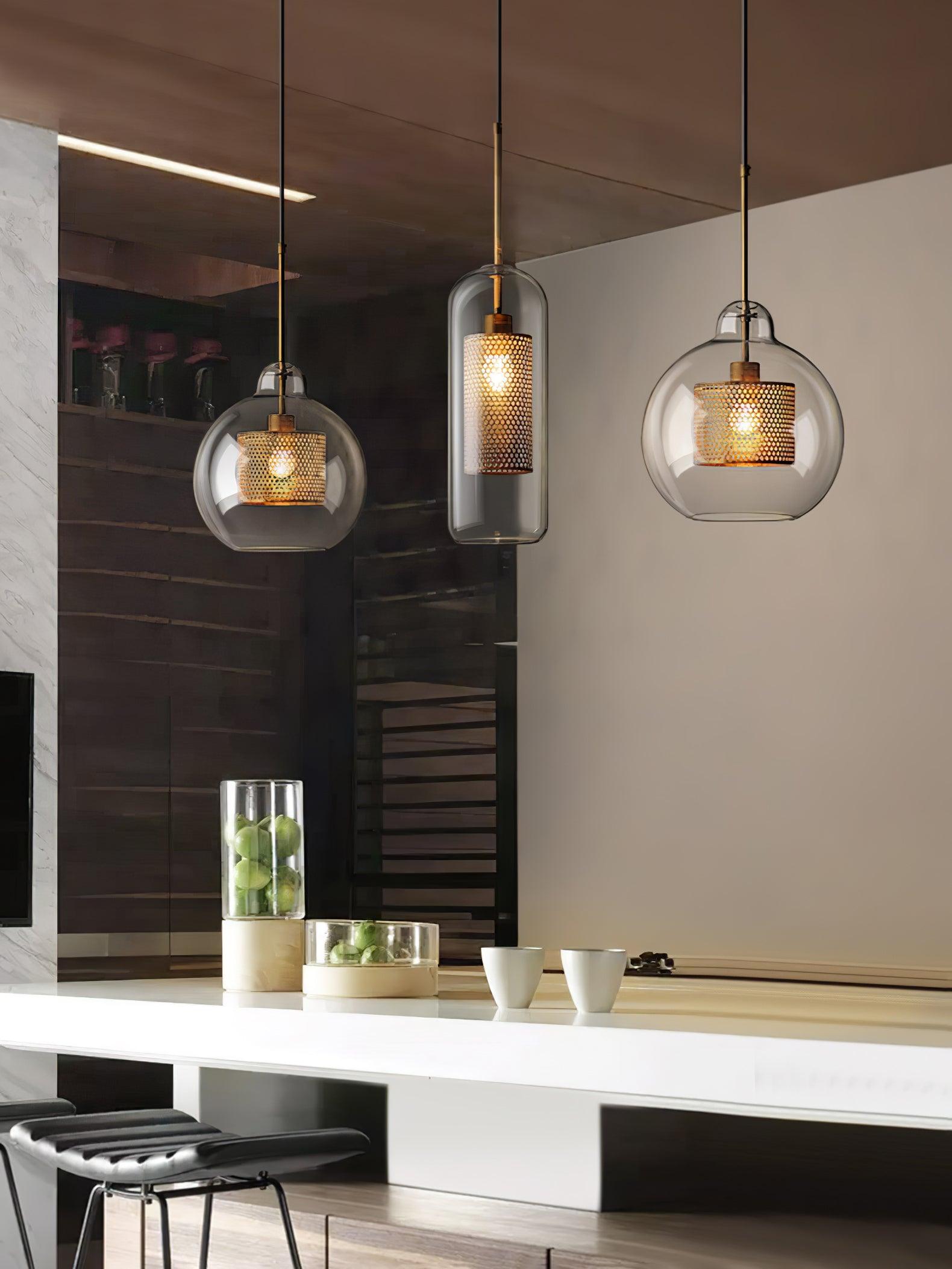 Lustra Pendant Lamp Glass Gold Mesh for Dining Room-Neutral Decor
