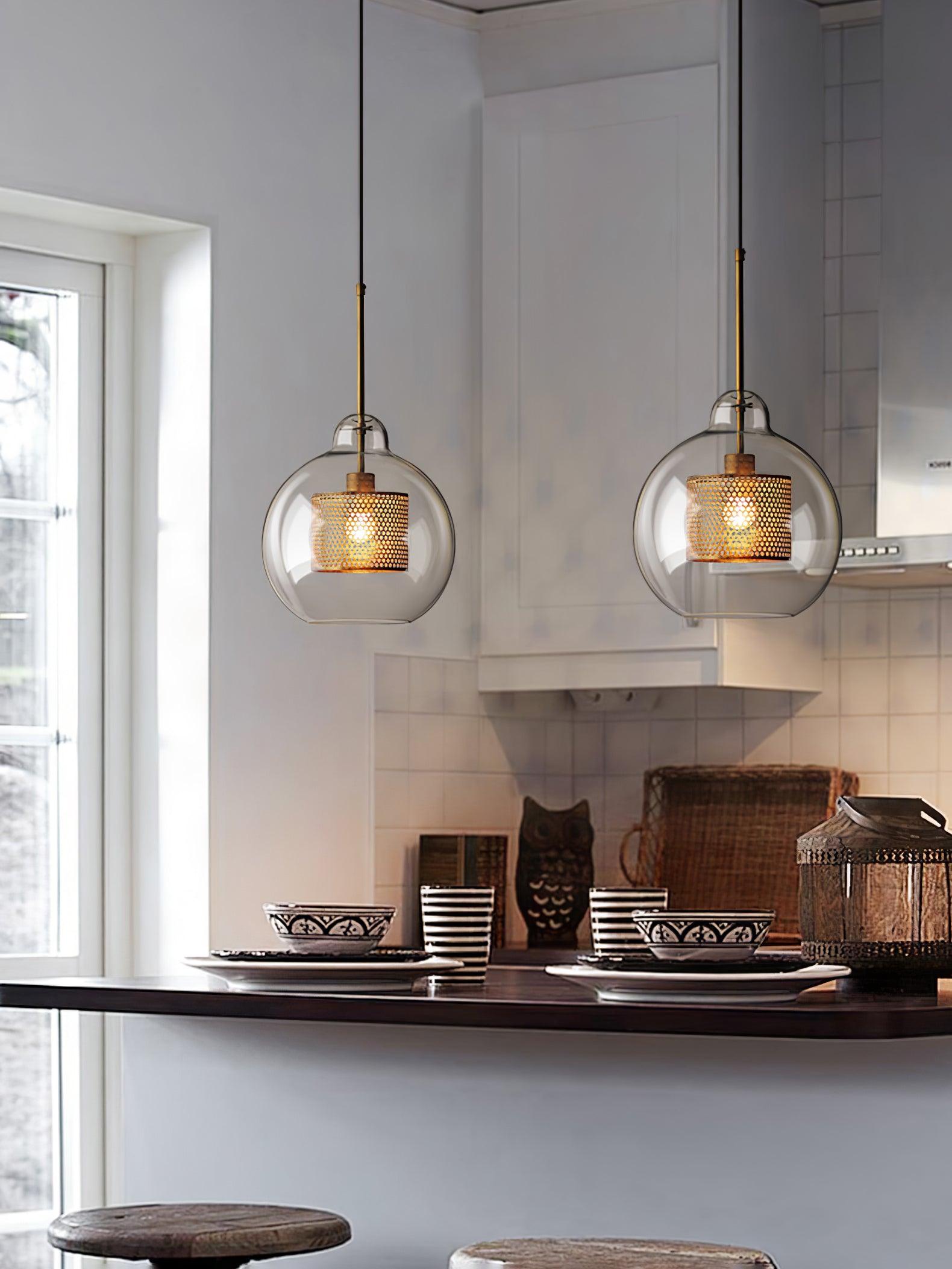 Lustra Pendant Lamp Glass Gold Mesh for Dining Room-Neutral Decor