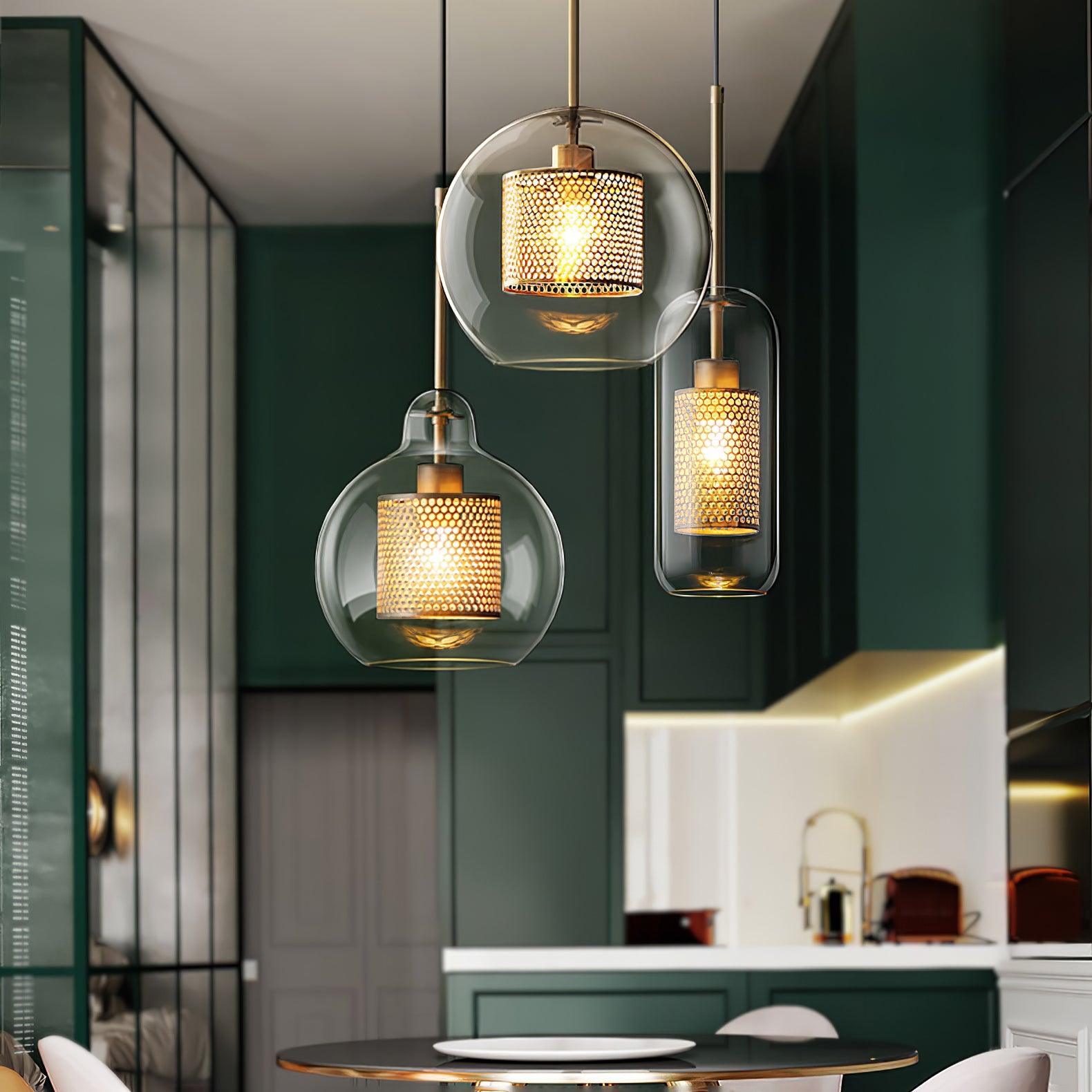 Lustra Pendant Lamp Glass Gold Mesh for Dining Room-Neutral Decor