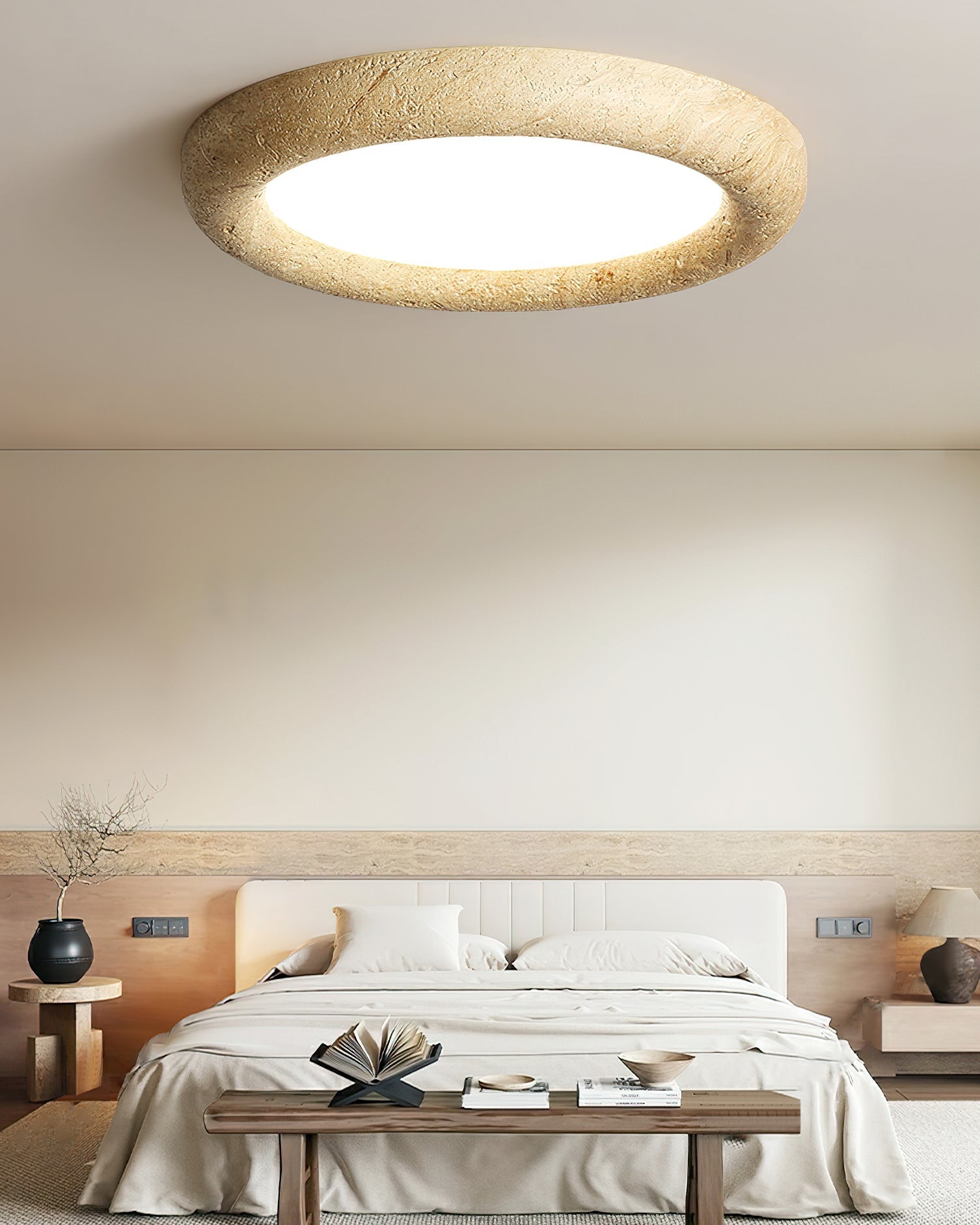 The ceiling light turned on, casting a soft, warm glow in a living room.