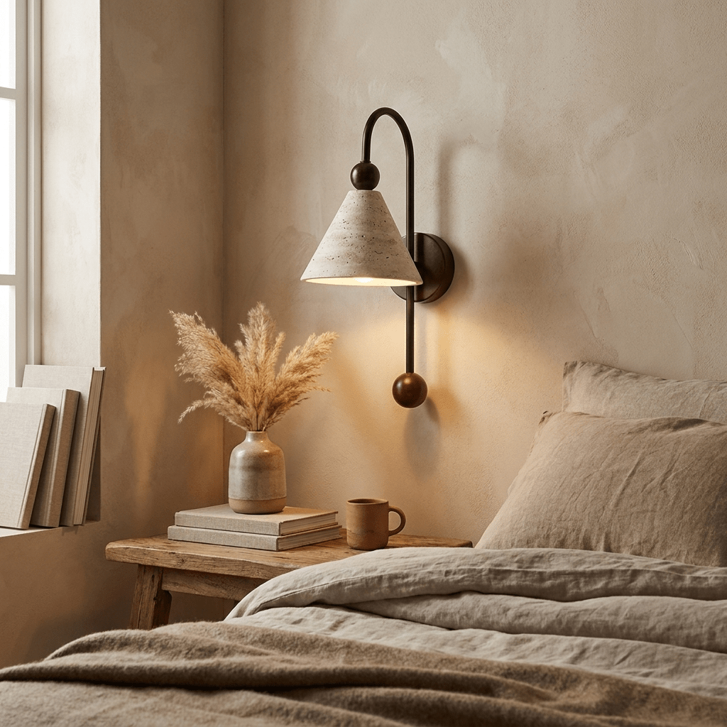 Cone Travertine Arc Sconce-Neutral Decor