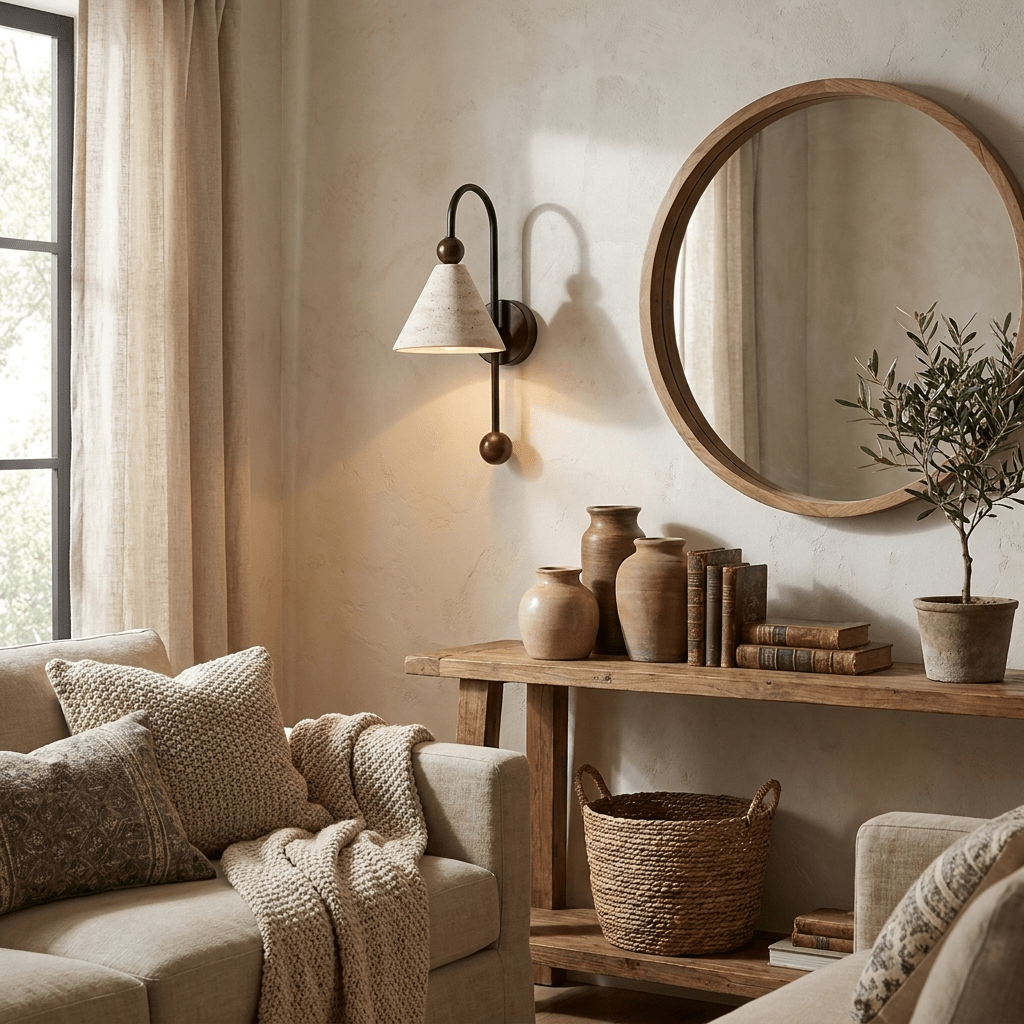 Cone Travertine Arc Sconce-Neutral Decor