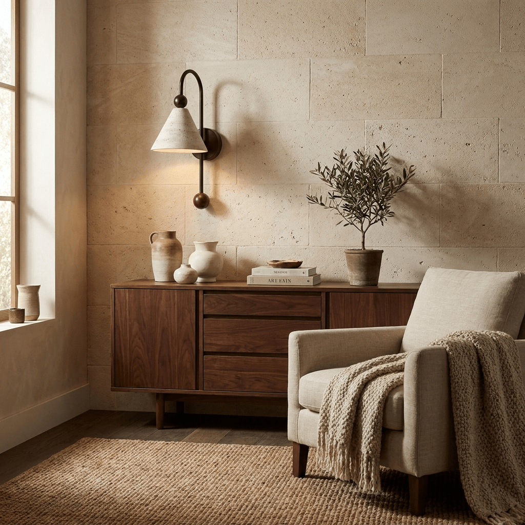 Cone Travertine Arc Sconce-Neutral Decor