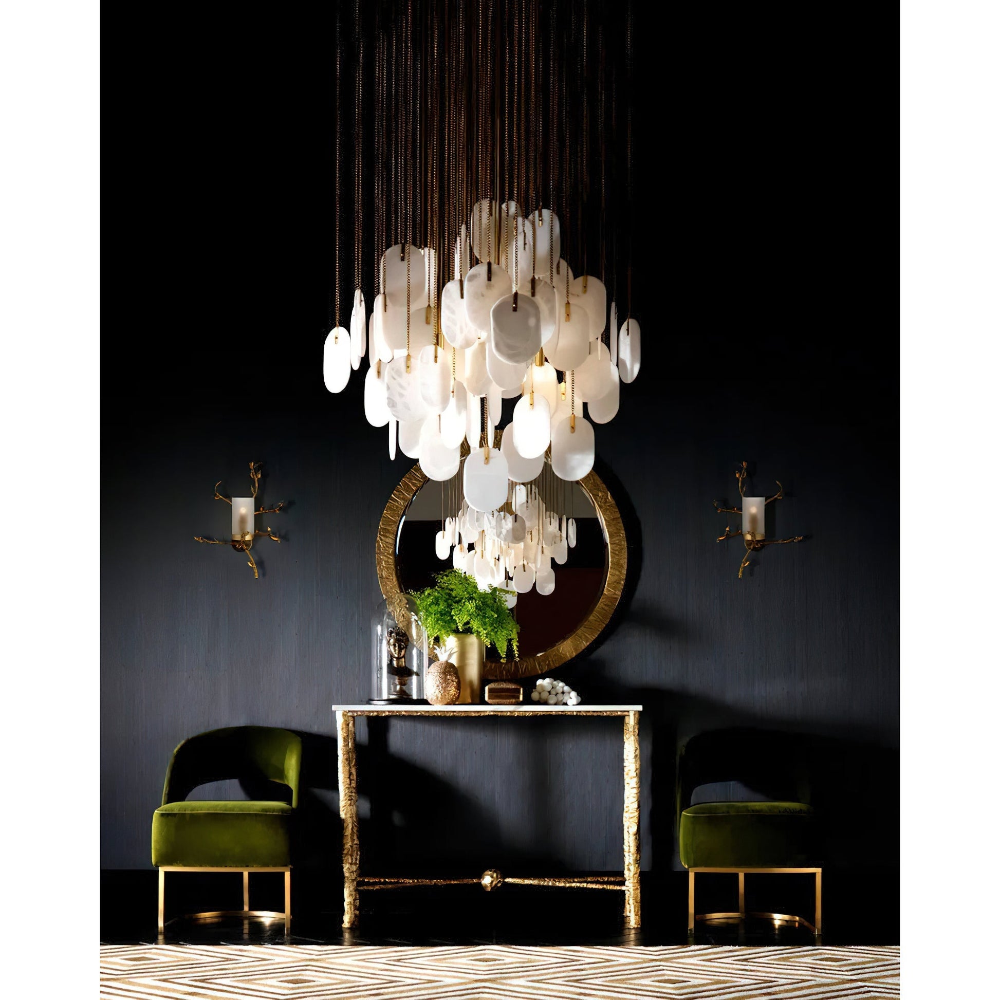 Allure Alabaster Chandelier, Copper finish, close-up on the chains.
