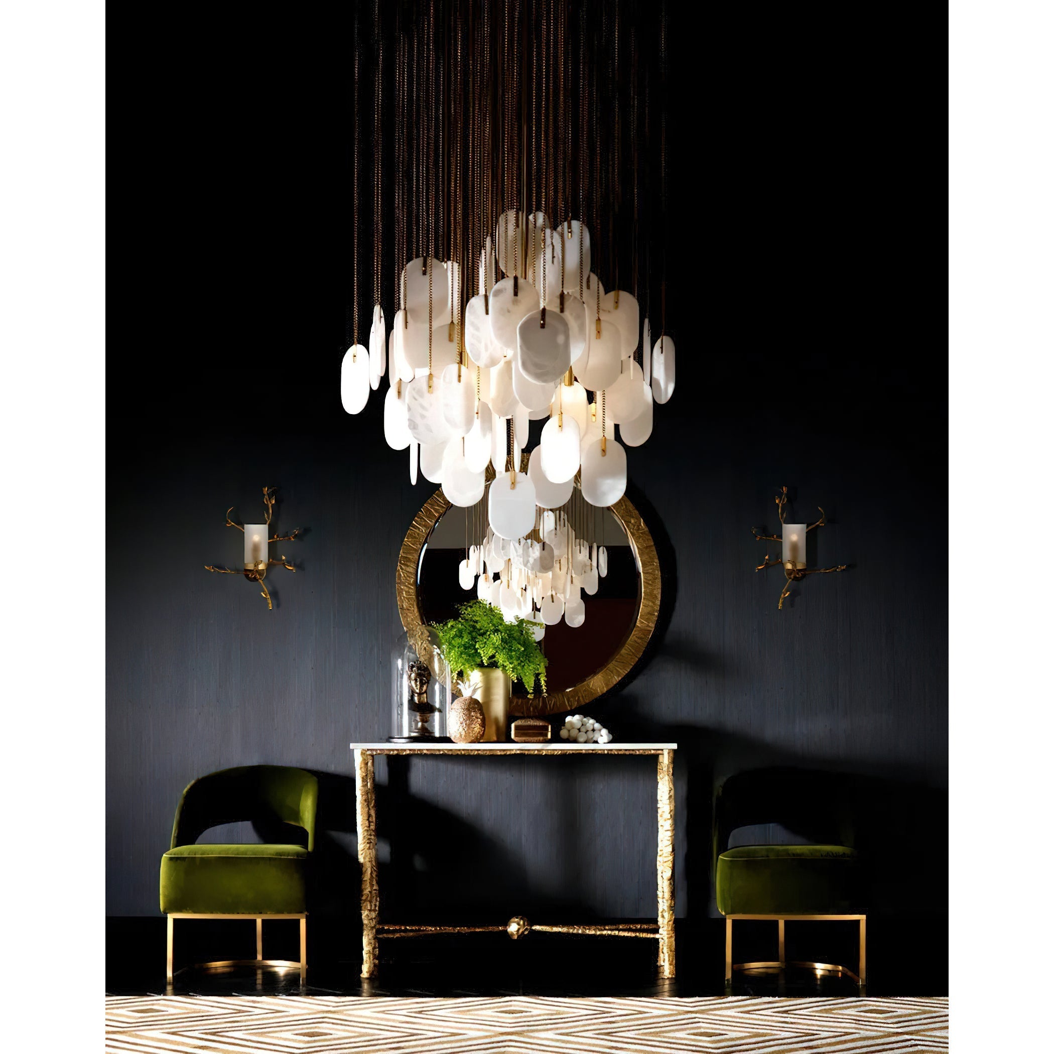 Allure Alabaster Chandelier, Copper finish, close-up on the chains.