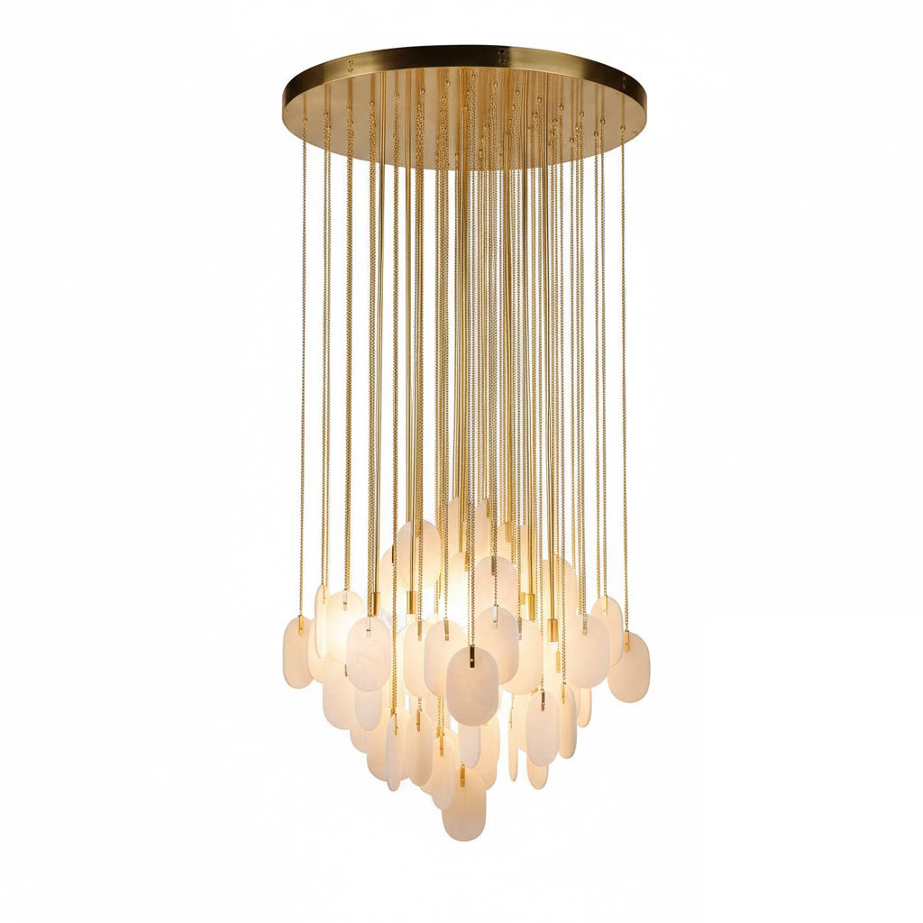 The bottom tier of the chandelier with the largest alabaster discs.