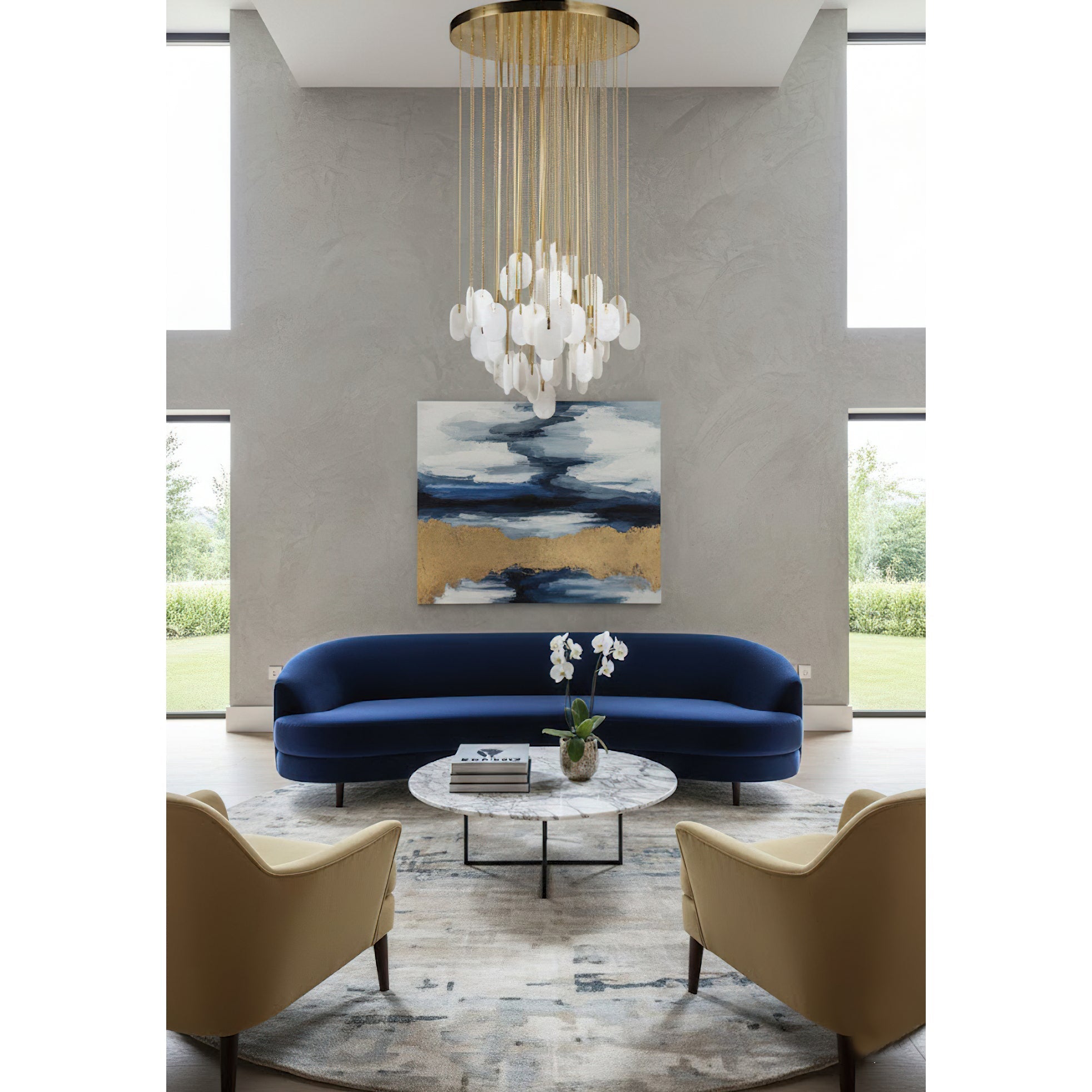 Unlit view of the chandelier, highlighting the alabaster and metalwork.