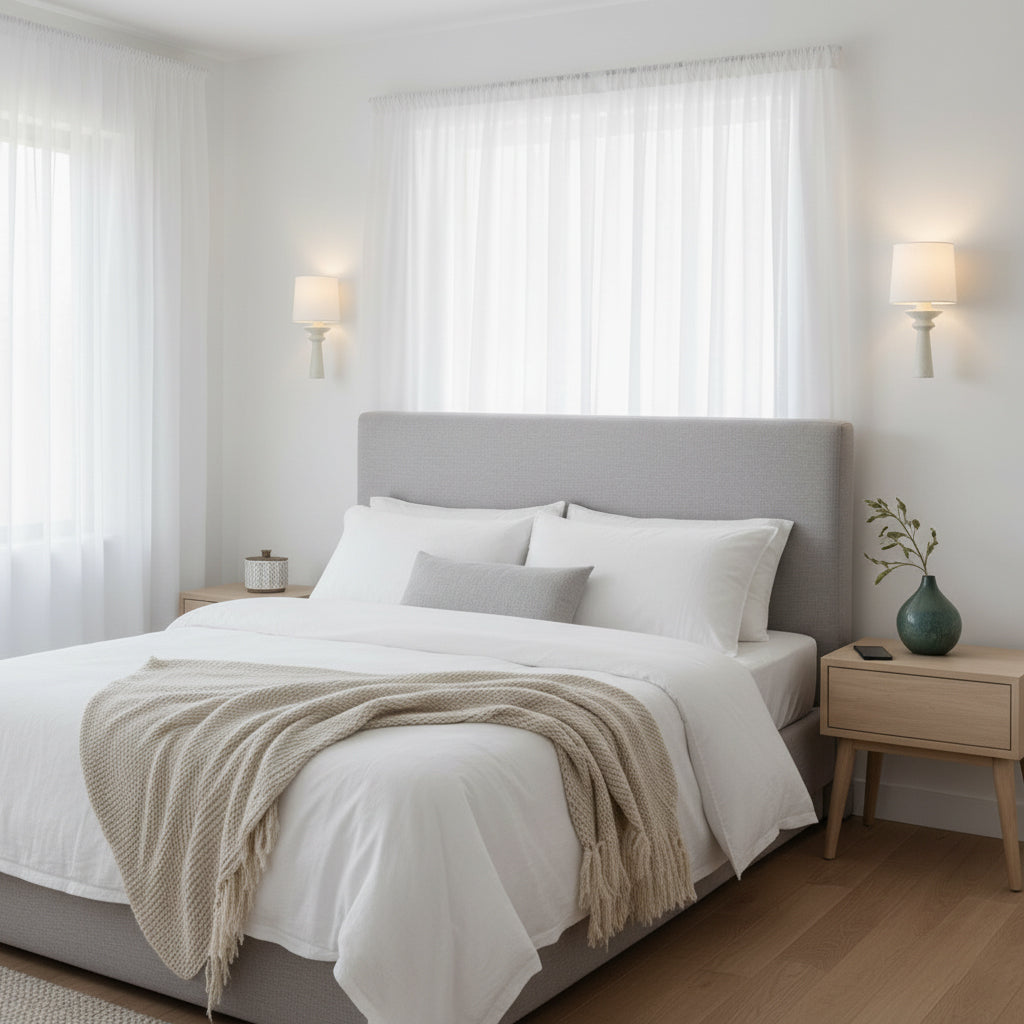 The Constantin Wall Lamp installed in a modern bedroom, providing ambient light.