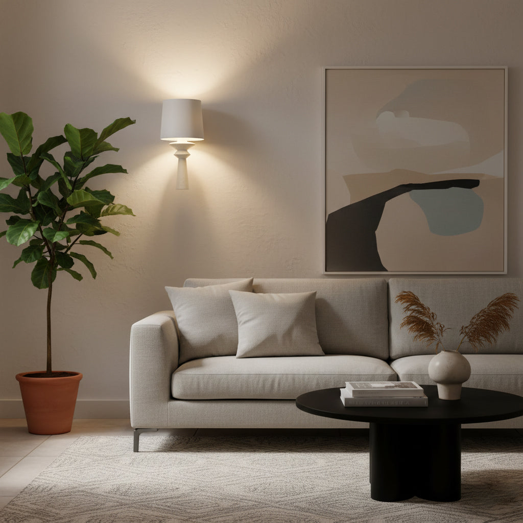 The black Constantin Wall Lamp shown in a minimalist living room setting.
