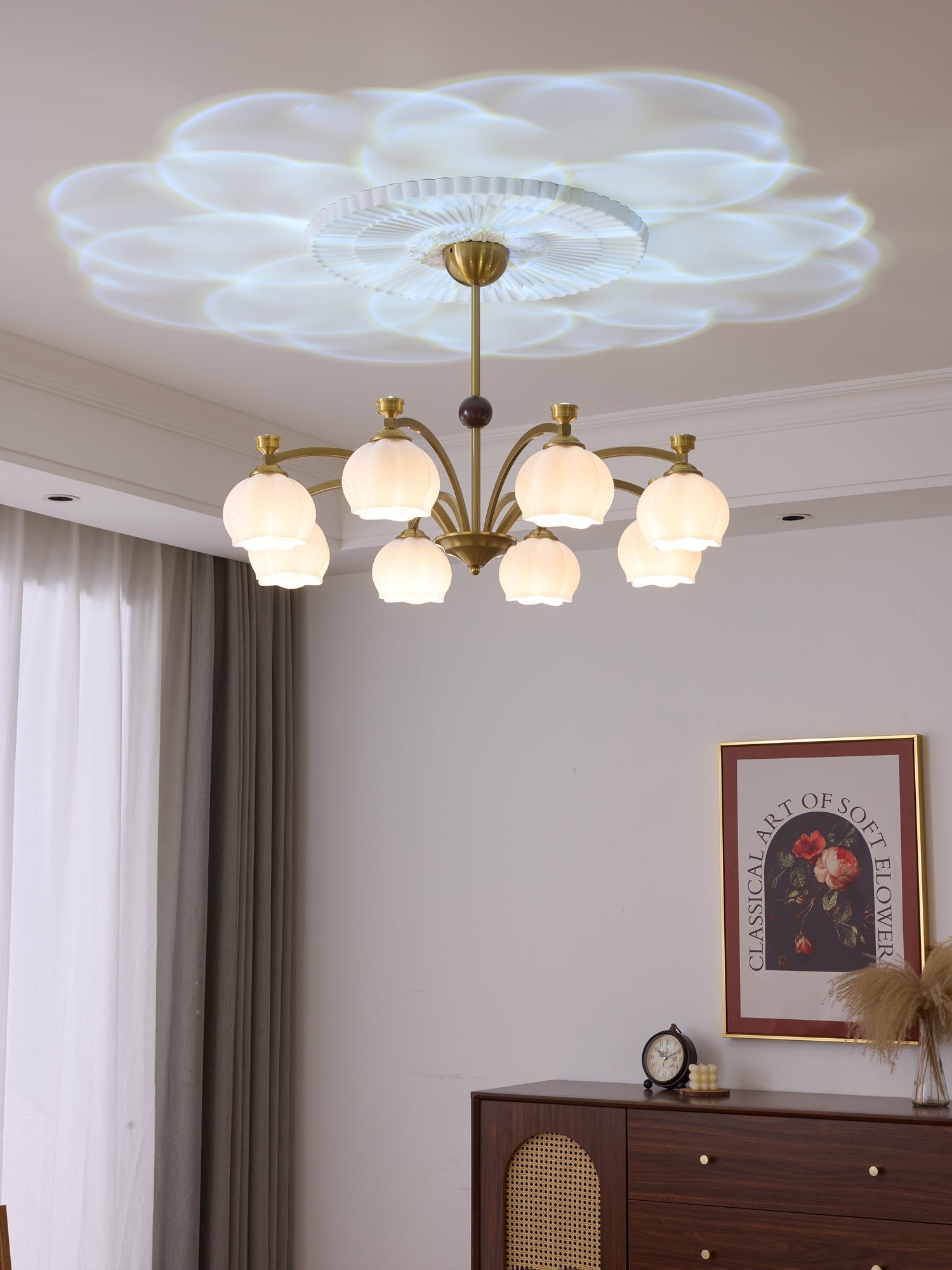 Alshaarae Traditional Premium Arc Wood Glass Chandelier-Neutral Decor