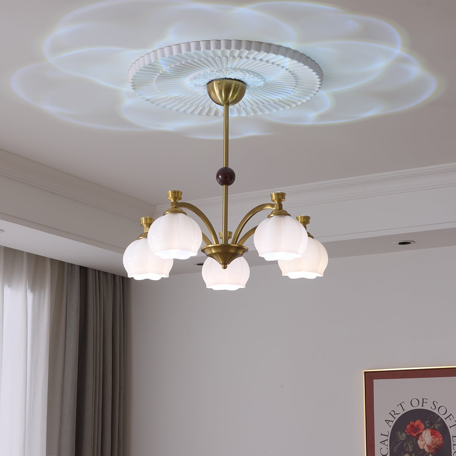 Alshaarae Traditional Premium Arc Wood Glass Chandelier-Neutral Decor