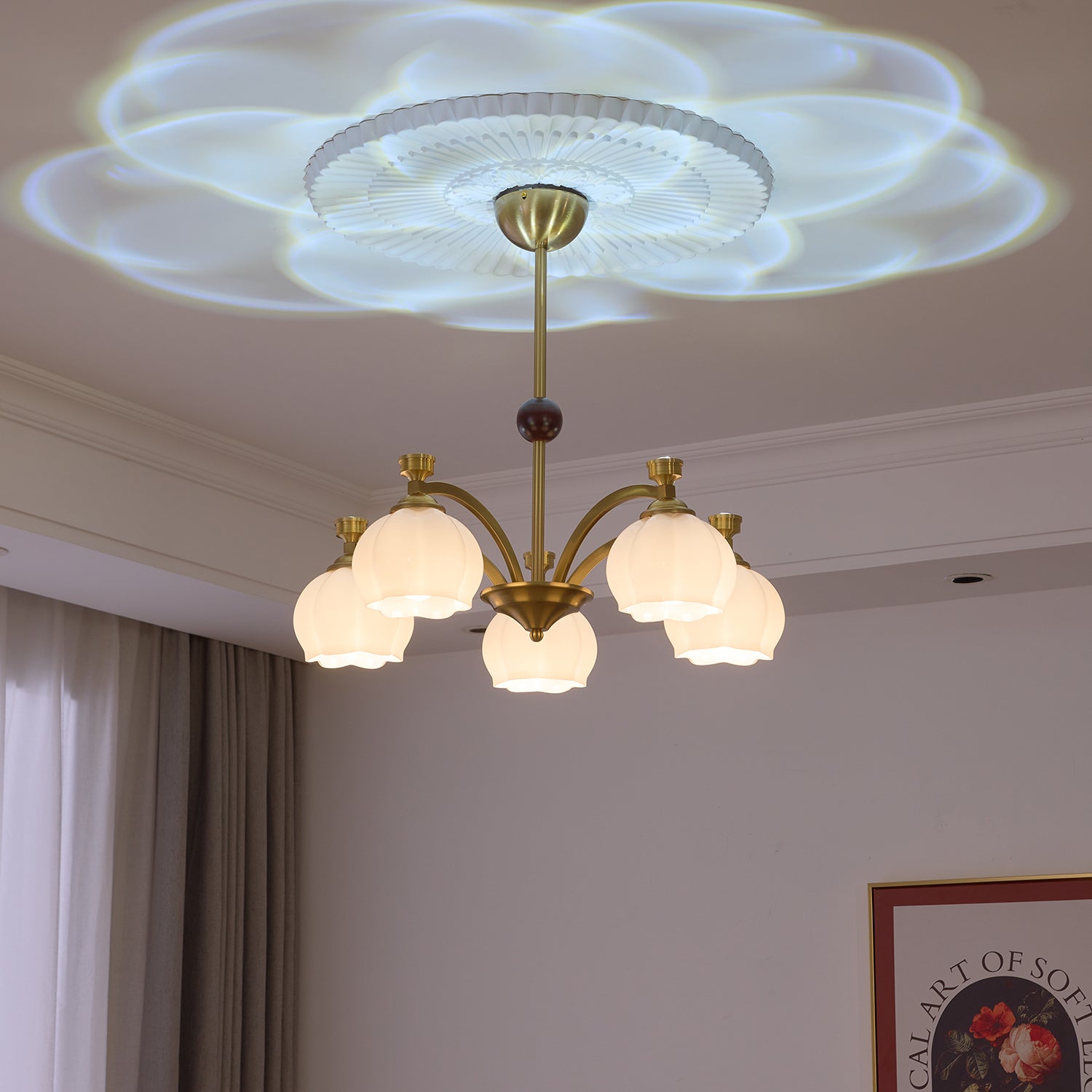 Alshaarae Traditional Premium Arc Wood Glass Chandelier-Neutral Decor