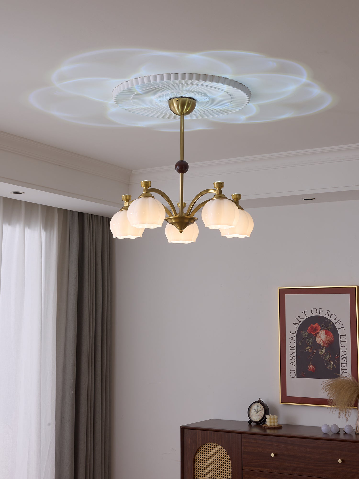 Alshaarae Traditional Premium Arc Wood Glass Chandelier-Neutral Decor