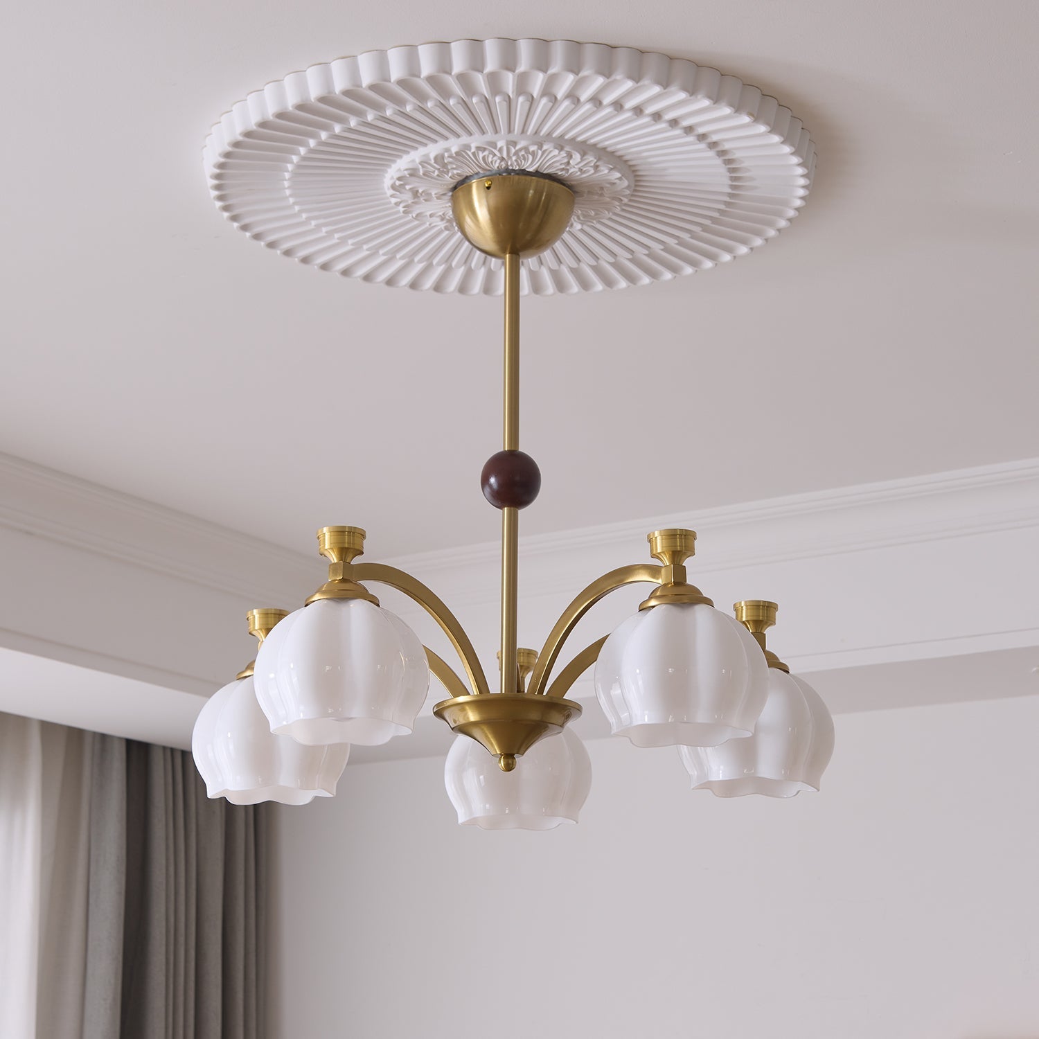 Alshaarae Traditional Premium Arc Wood Glass Chandelier-Neutral Decor