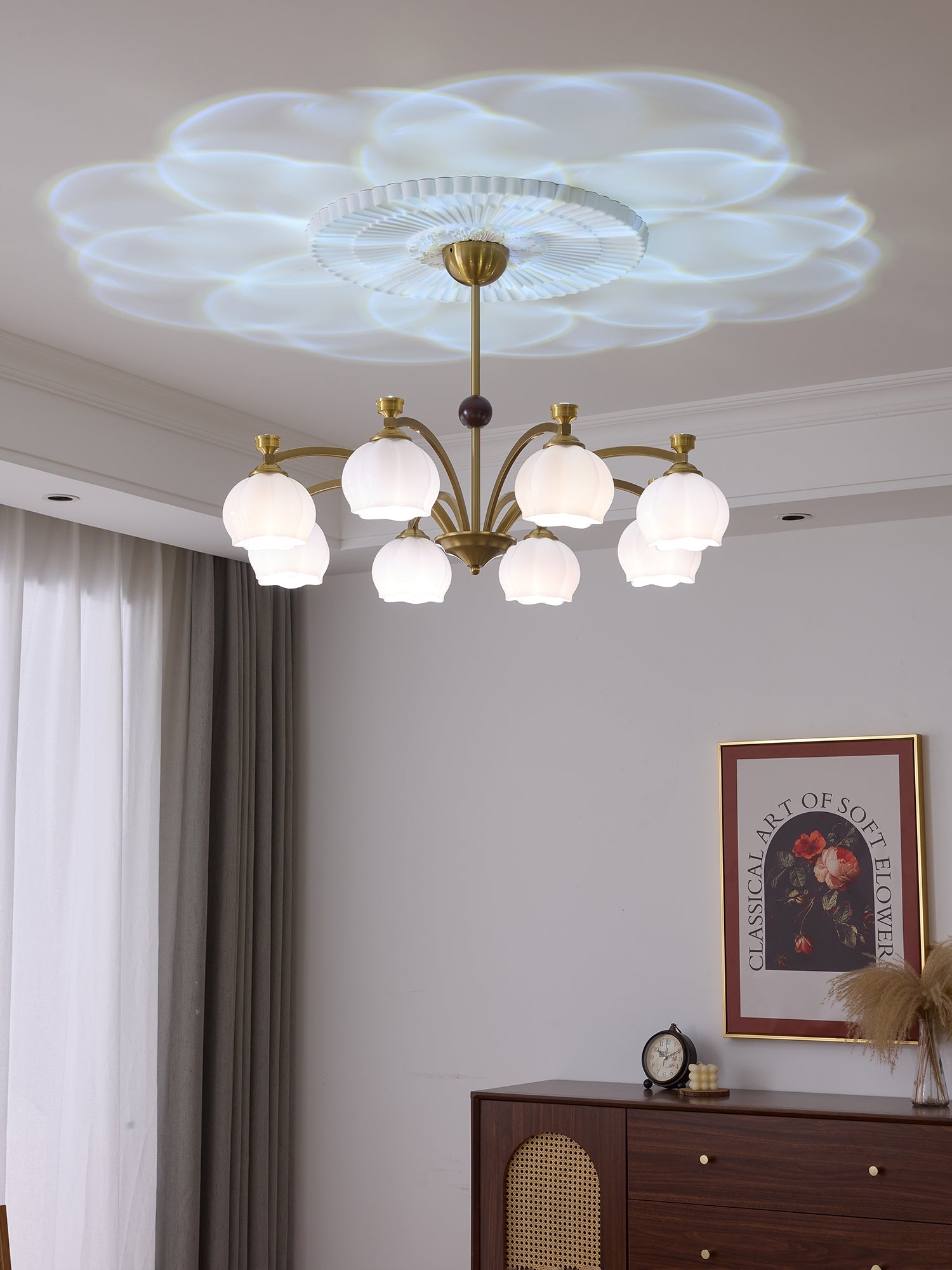 Alshaarae Traditional Premium Arc Wood Glass Chandelier-Neutral Decor