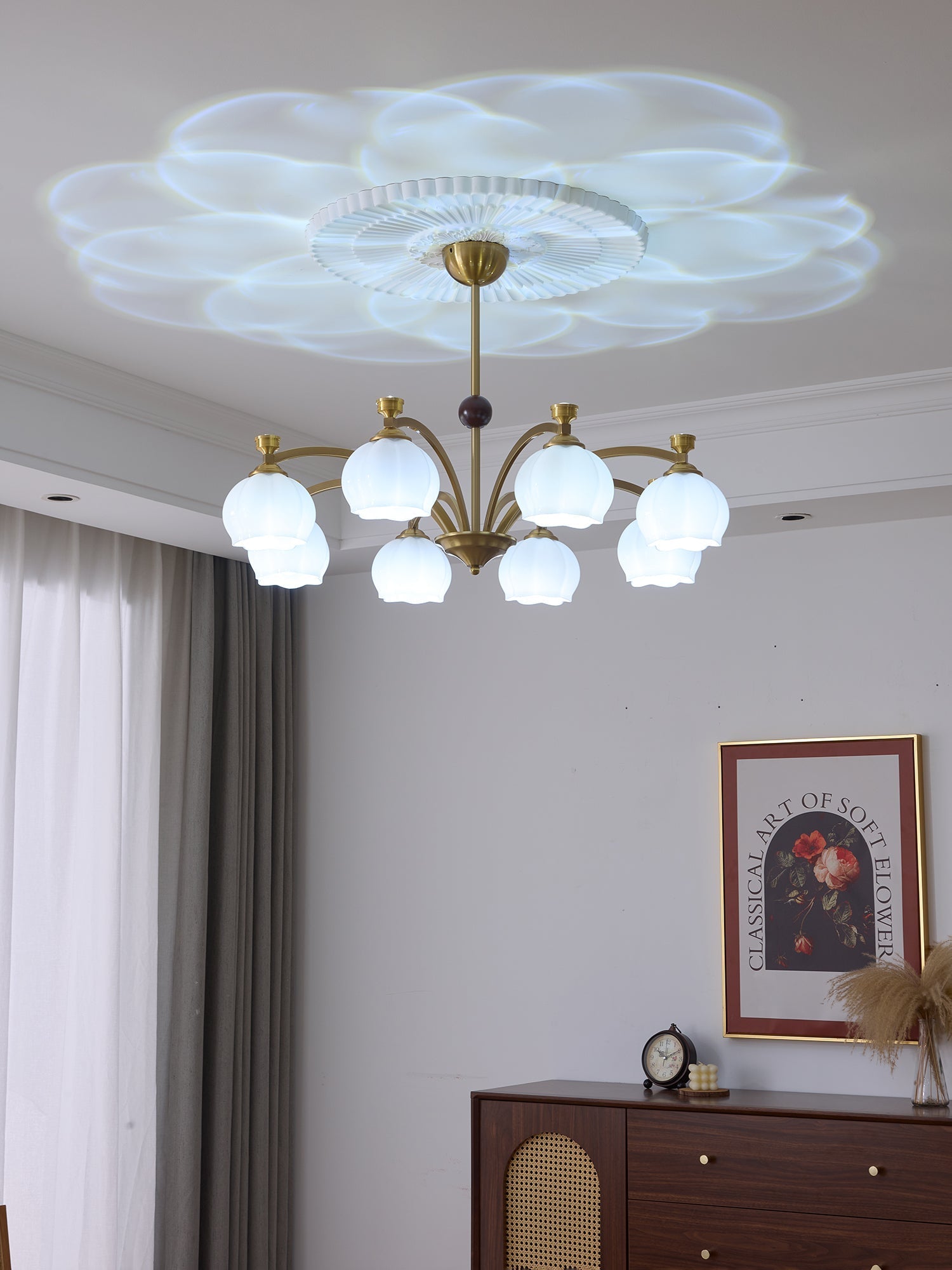 Alshaarae Traditional Premium Arc Wood Glass Chandelier-Neutral Decor