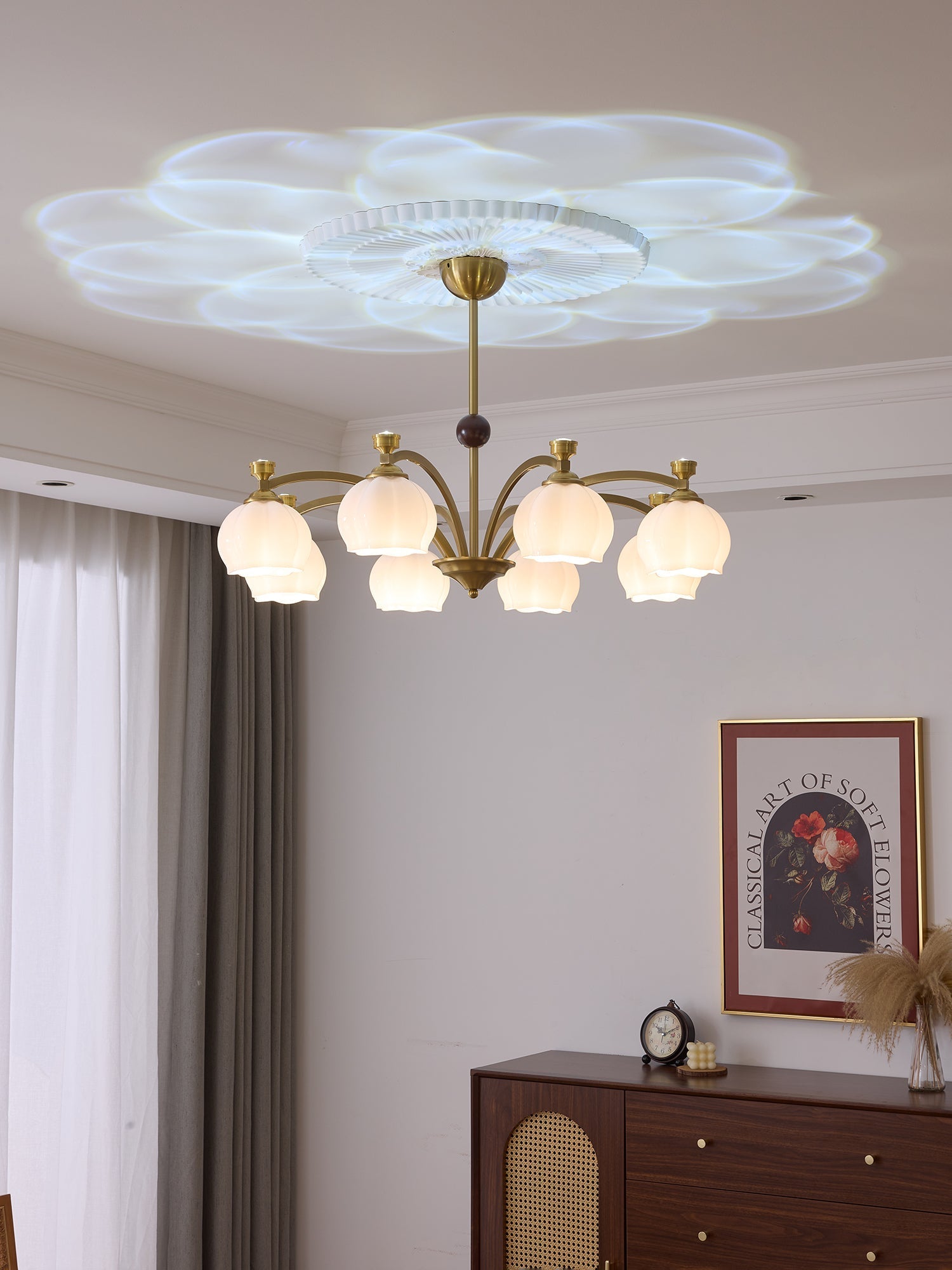 Alshaarae Traditional Premium Arc Wood Glass Chandelier-Neutral Decor