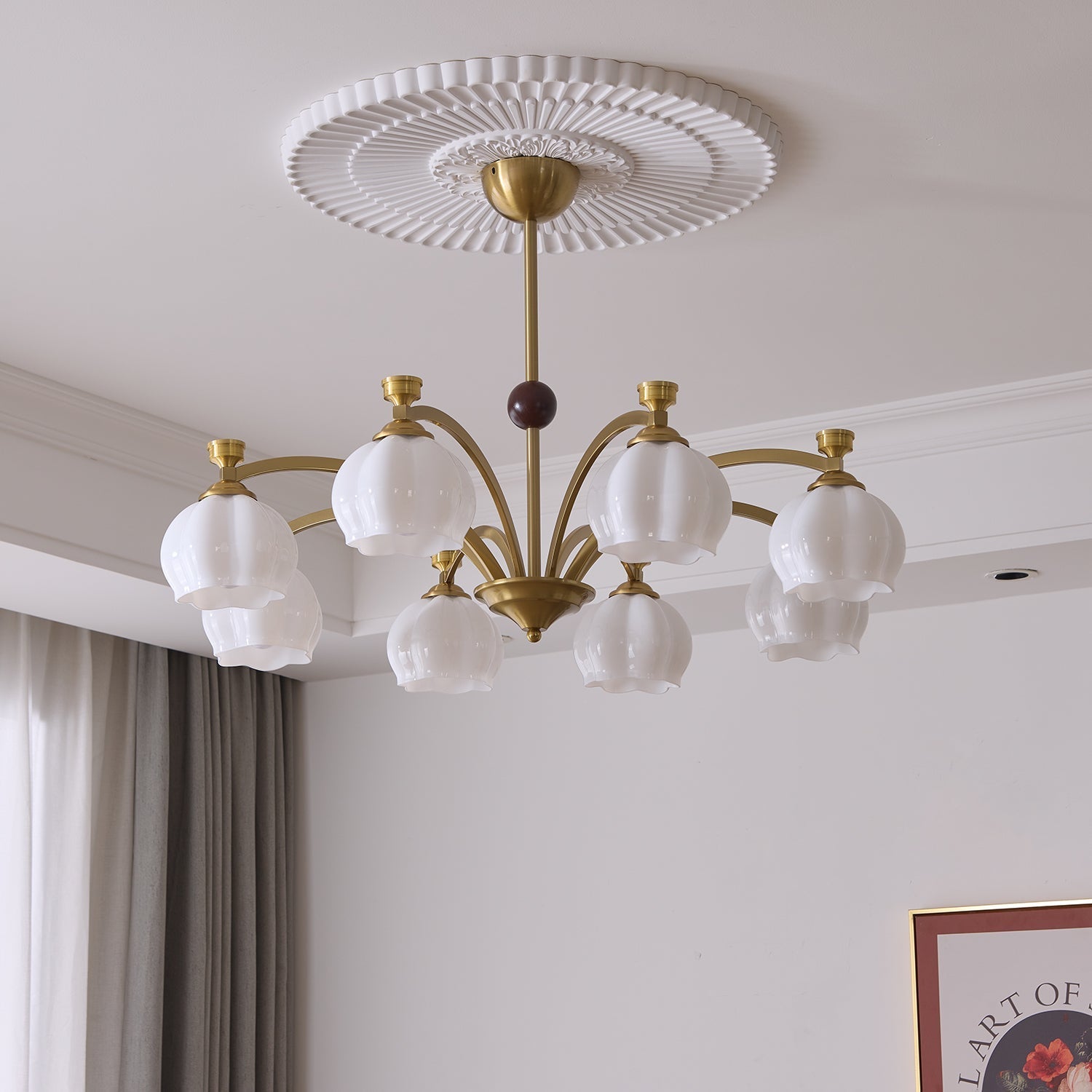 Alshaarae Traditional Premium Arc Wood Glass Chandelier-Neutral Decor