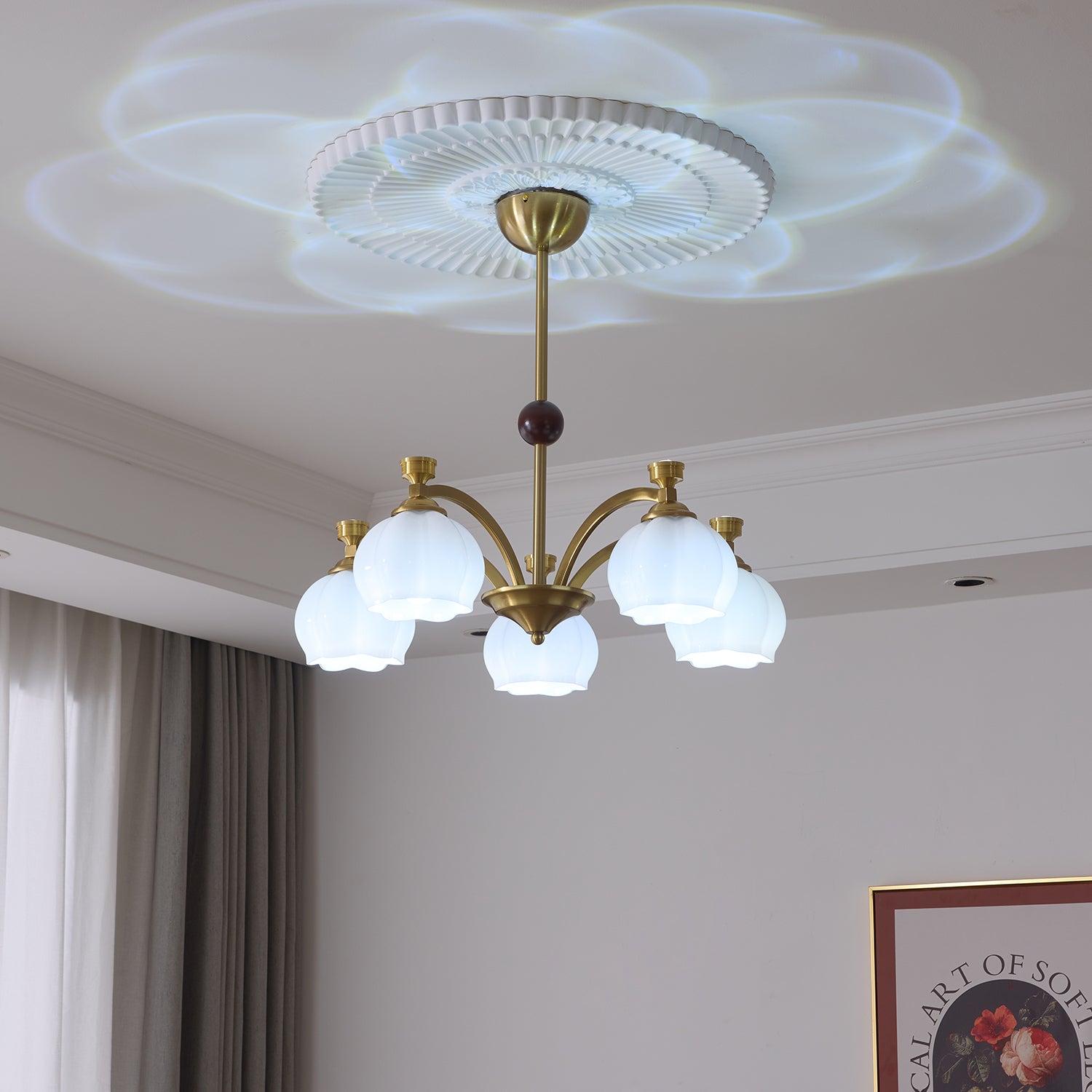 Alshaarae Traditional Premium Arc Wood Glass Chandelier-Neutral Decor