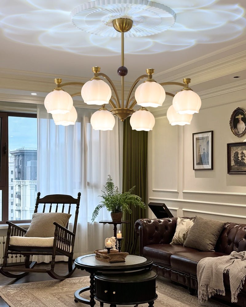 Alshaarae Traditional Premium Arc Wood Glass Chandelier-Neutral Decor