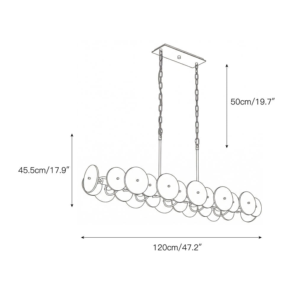 The Selene linear chandelier shown with a copper finish.