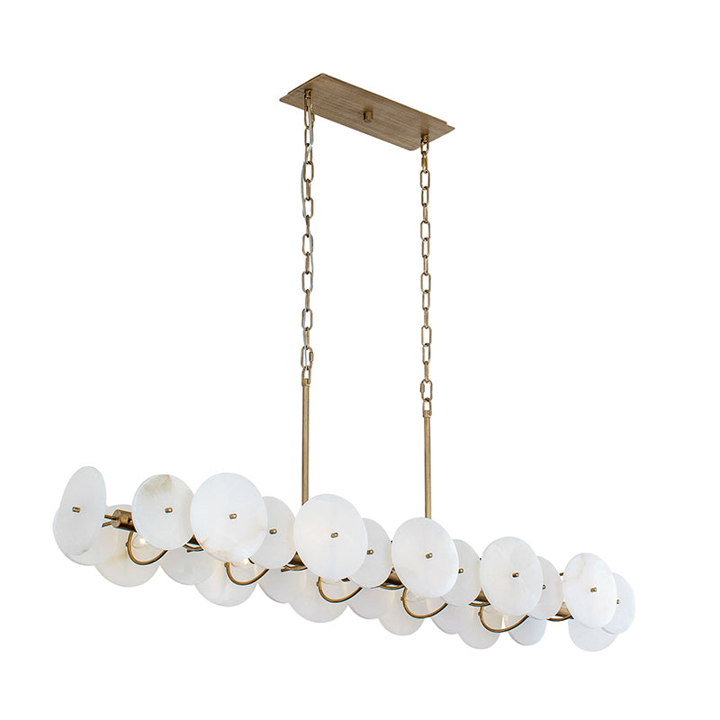 The rectangular ceiling canopy and twin-chain suspension of the Selene chandelier.