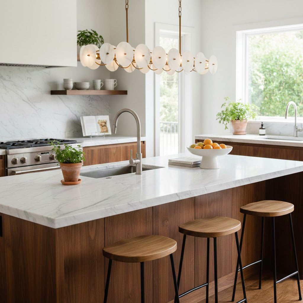 The Selene linear chandelier shown with a satin white finish.