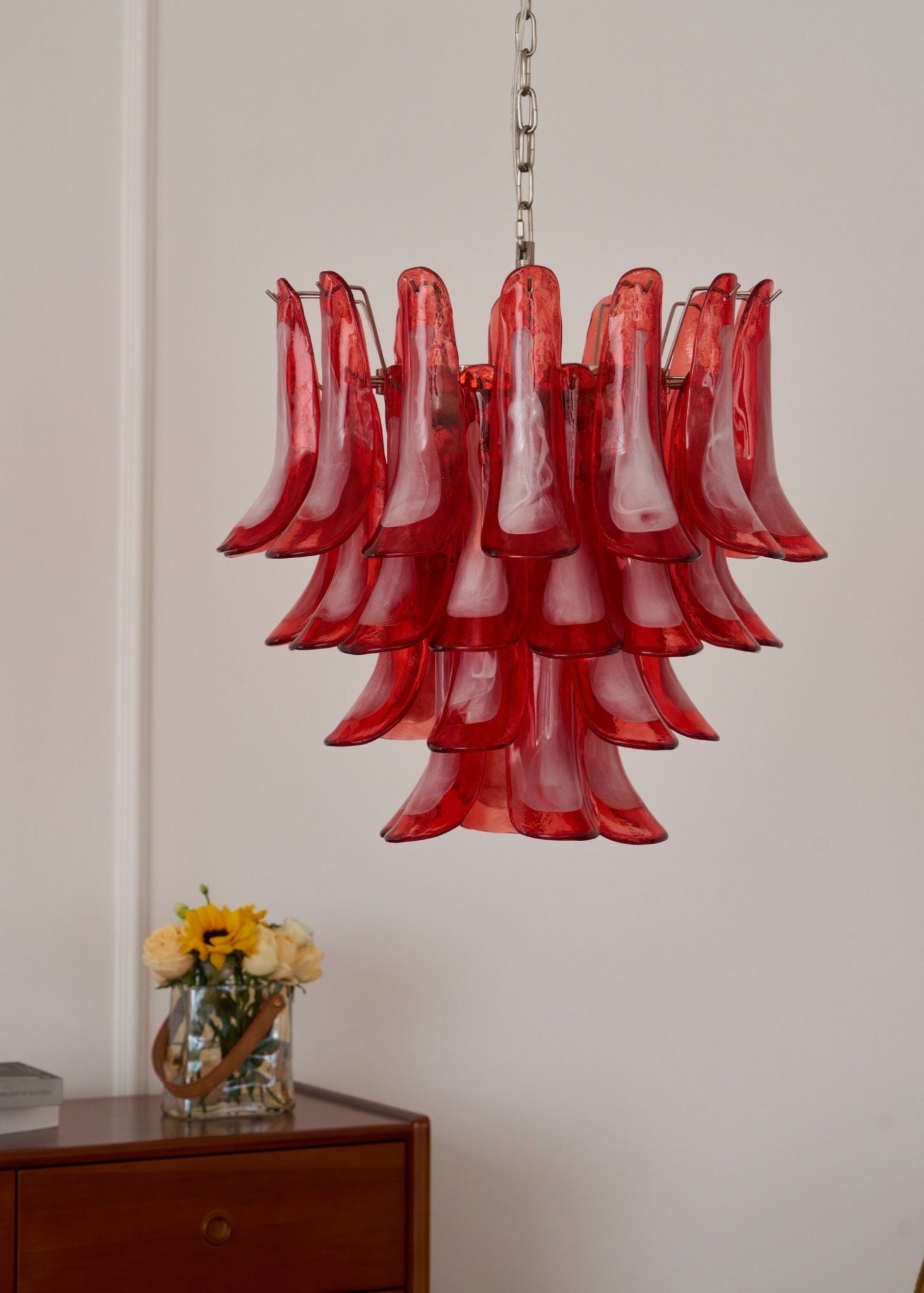 Aurora Chandelier Crimson Murano Glass Petals Layered Vintage-Neutral Decor