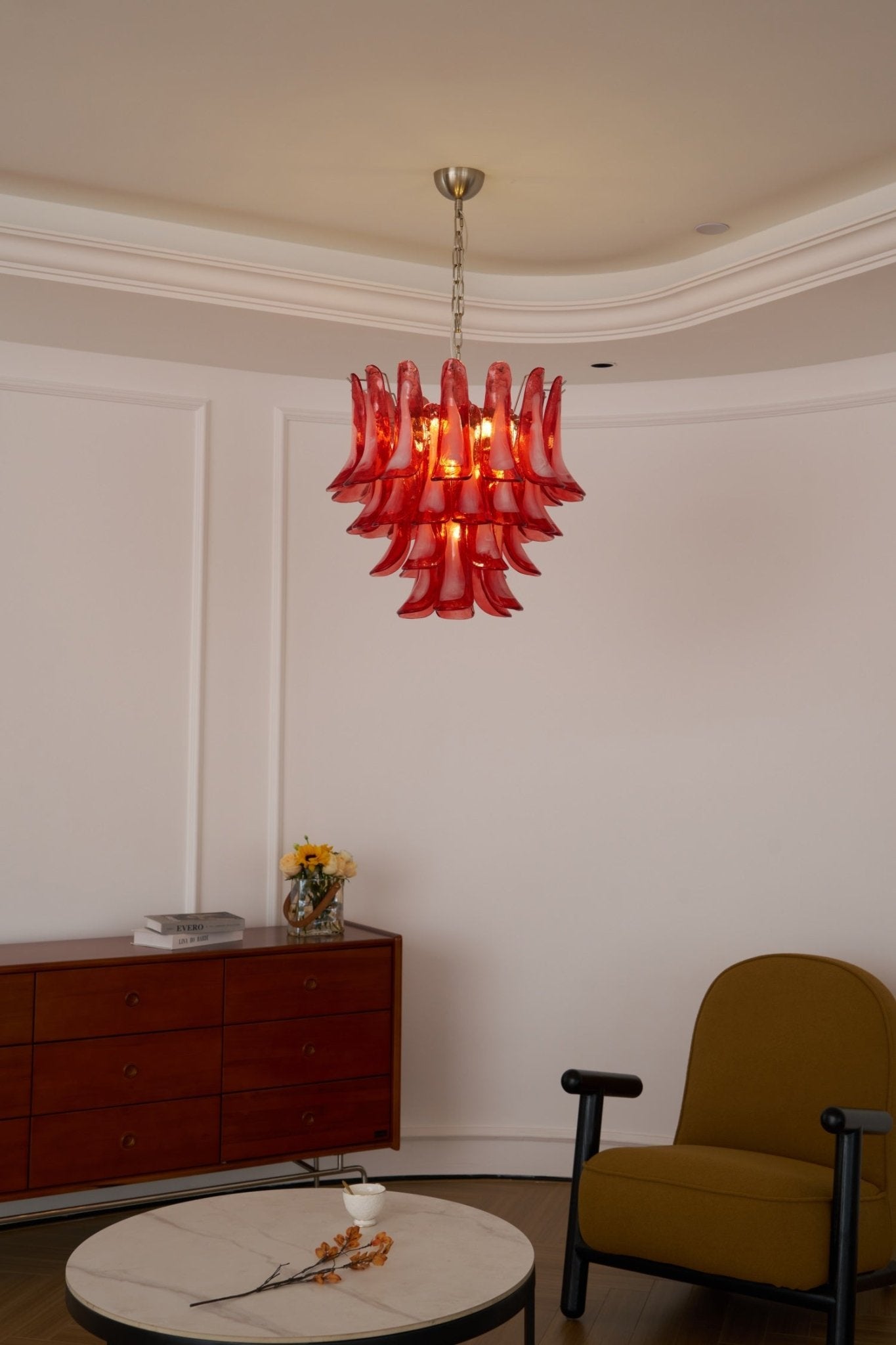 Aurora Chandelier Crimson Murano Glass Petals Layered Vintage-Neutral Decor