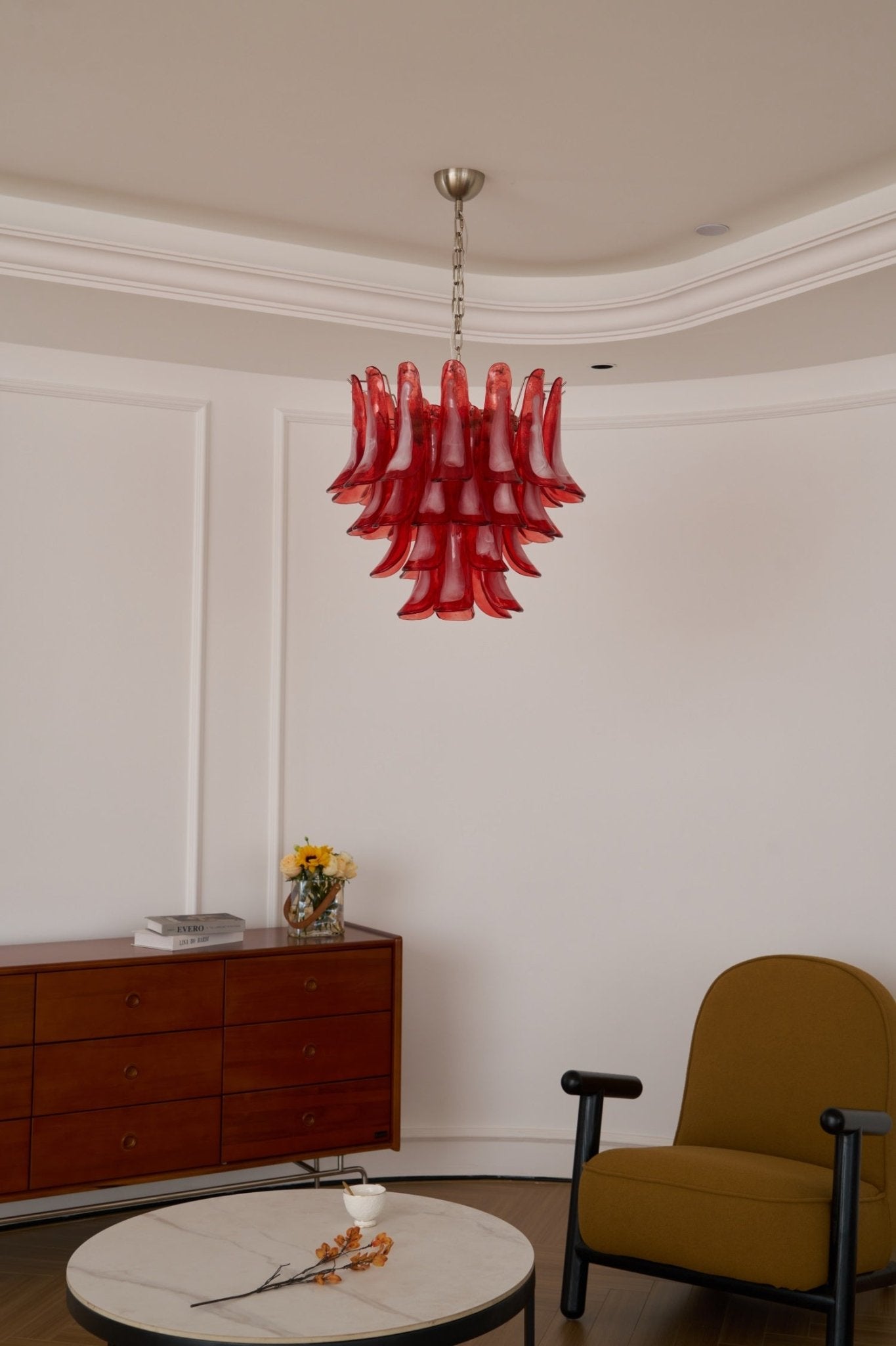 Aurora Chandelier Crimson Murano Glass Petals Layered Vintage-Neutral Decor