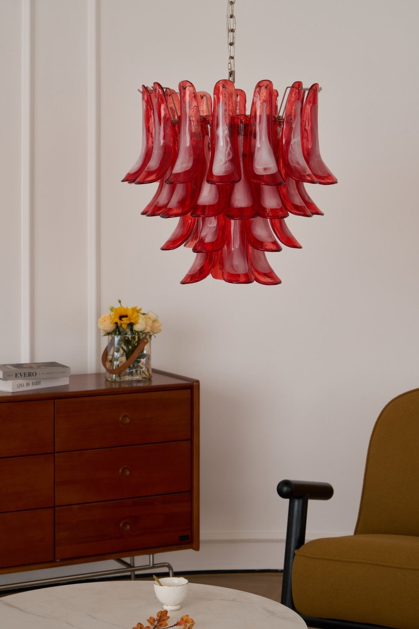 Aurora Chandelier Crimson Murano Glass Petals Layered Vintage-Neutral Decor