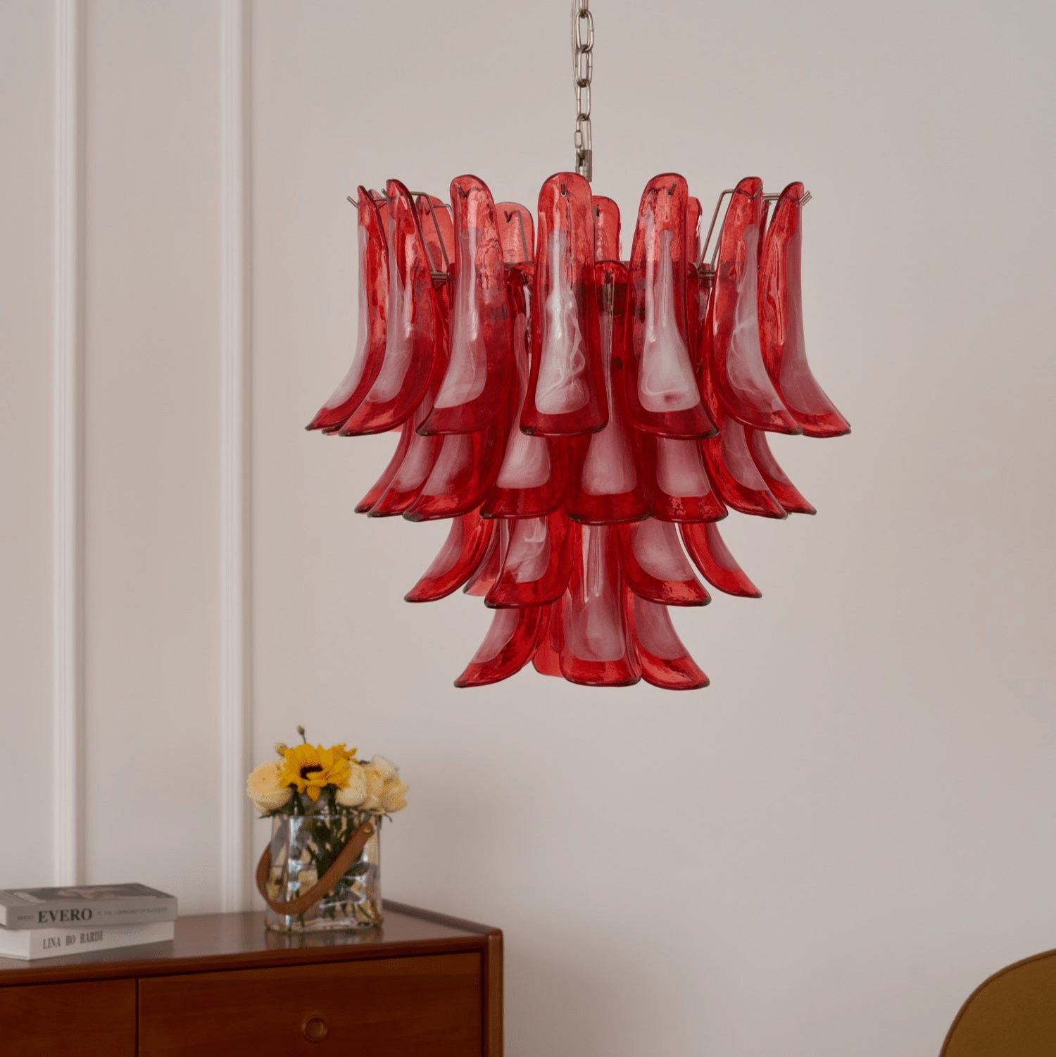 Aurora Chandelier Crimson Murano Glass Petals Layered Vintage-Neutral Decor