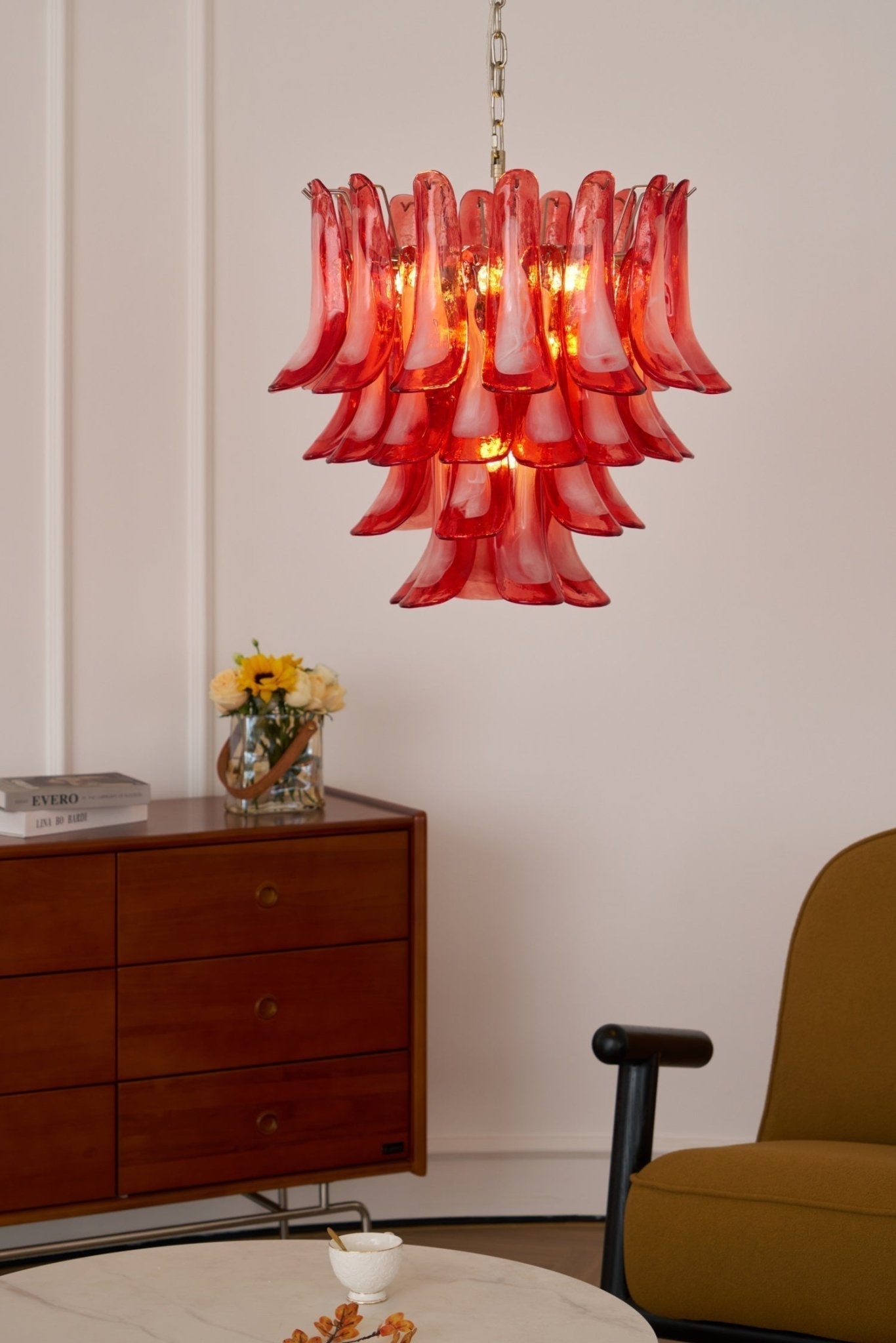 Aurora Chandelier Crimson Murano Glass Petals Layered Vintage-Neutral Decor